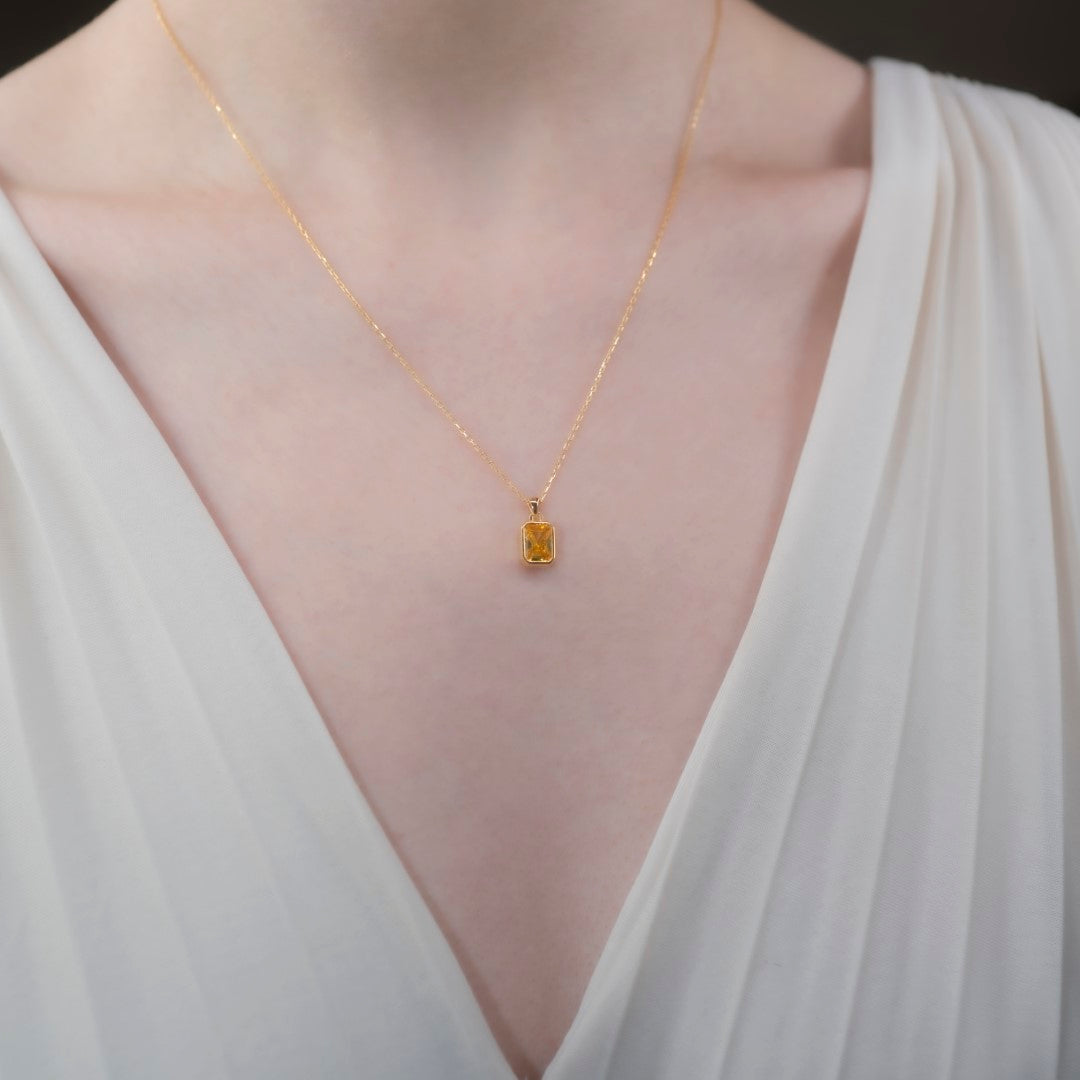 Yellow Topaz Rectangle Necklace 14K Solid Gold Queen Jewelry Necklace