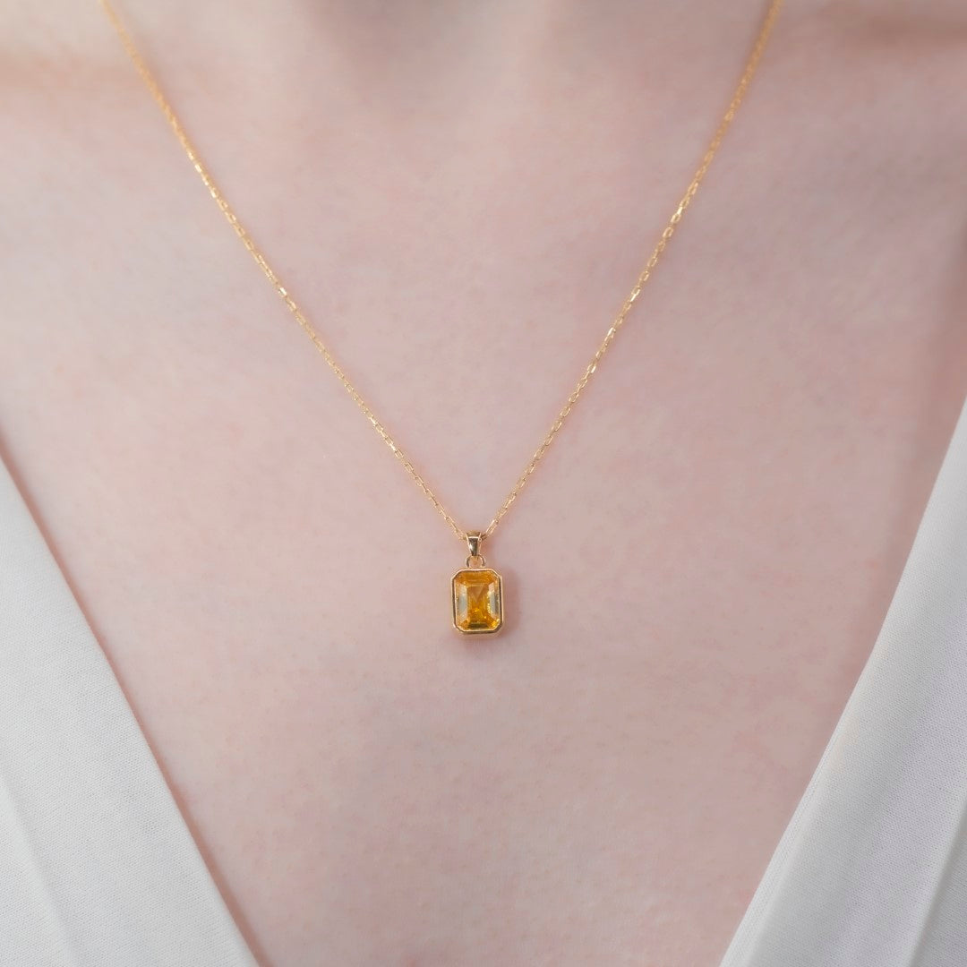 Yellow Topaz Rectangle Necklace 14K Solid Gold Queen Jewelry Necklace