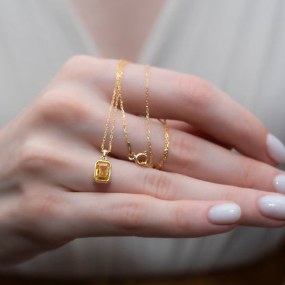 Yellow Topaz Rectangle Necklace 14K Solid Gold Queen Jewelry Necklace