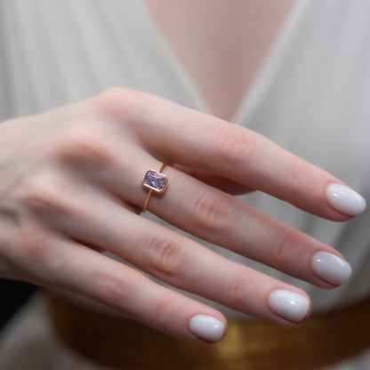 Alexandrite Rectangle Ring 14K Solid Gold, June Birthstone, Baguette Cut Design Queen Jewelry Rings