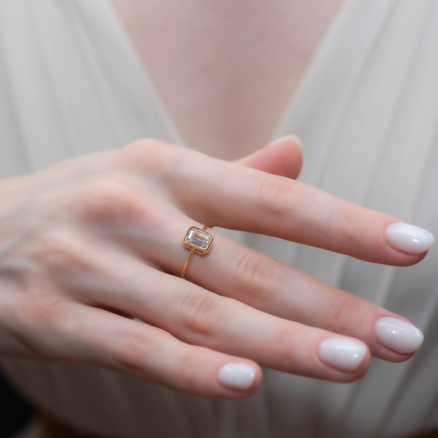 White Topaz Rectangle Ring 14K Solid Gold, April Birthstone, Baguette Cut Design Queen Jewelry Rings