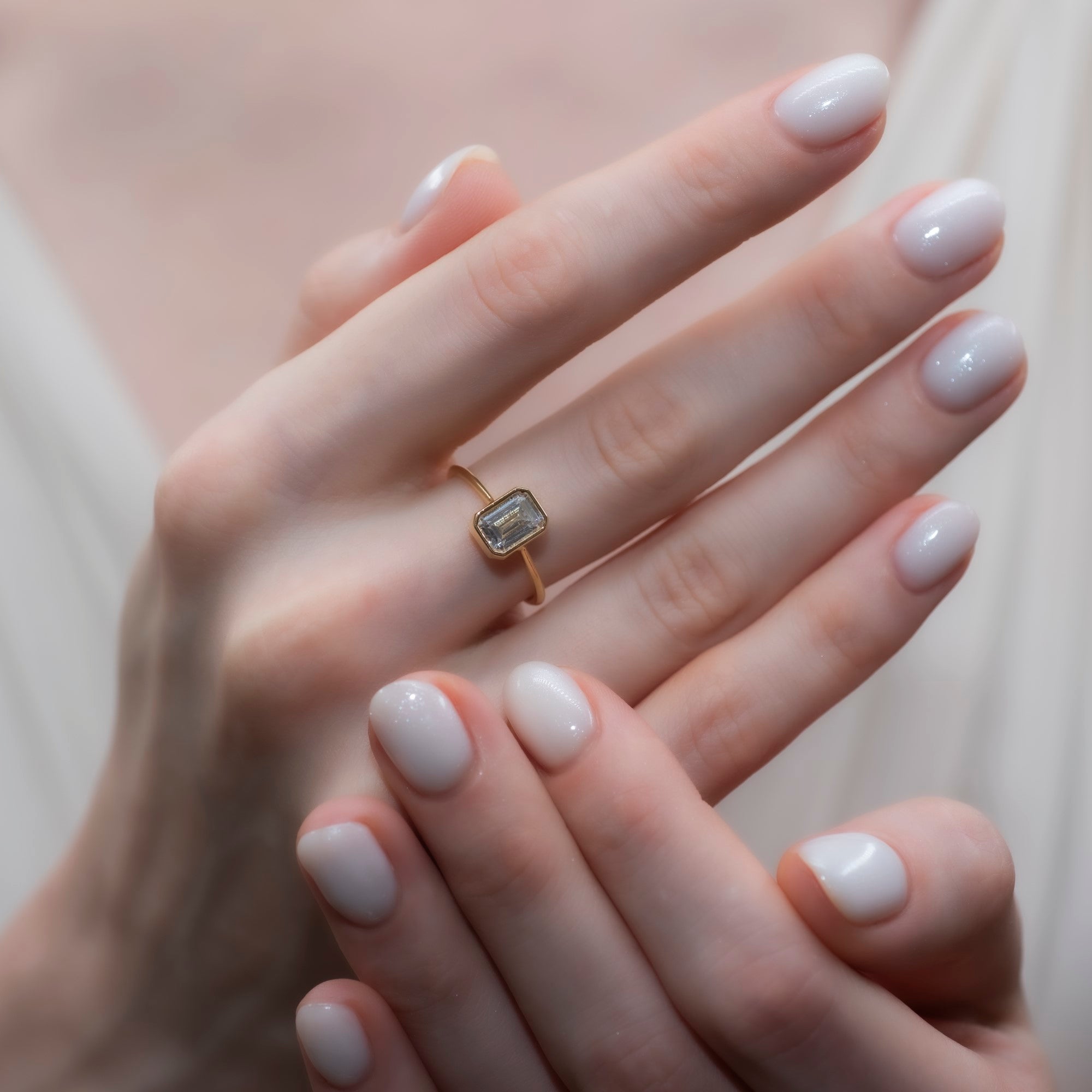 White Topaz Rectangle Ring 14K Solid Gold, April Birthstone, Baguette Cut Design Queen Jewelry Rings