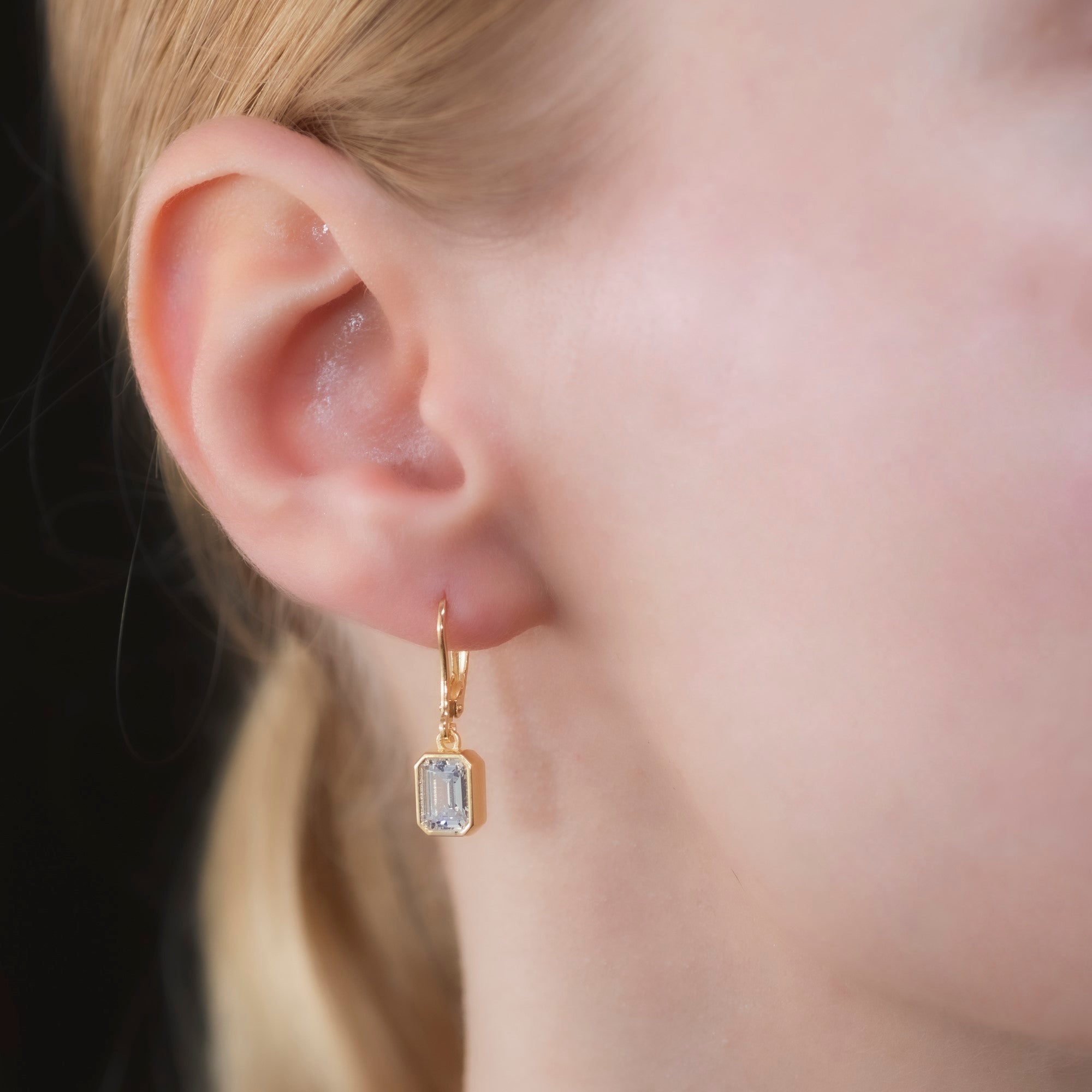 Rectangle White Topaz Dangling Earrings in 14K Solid Gold, April Birthstone Baguette Cut Jewelry Queen Jewelry Earrings