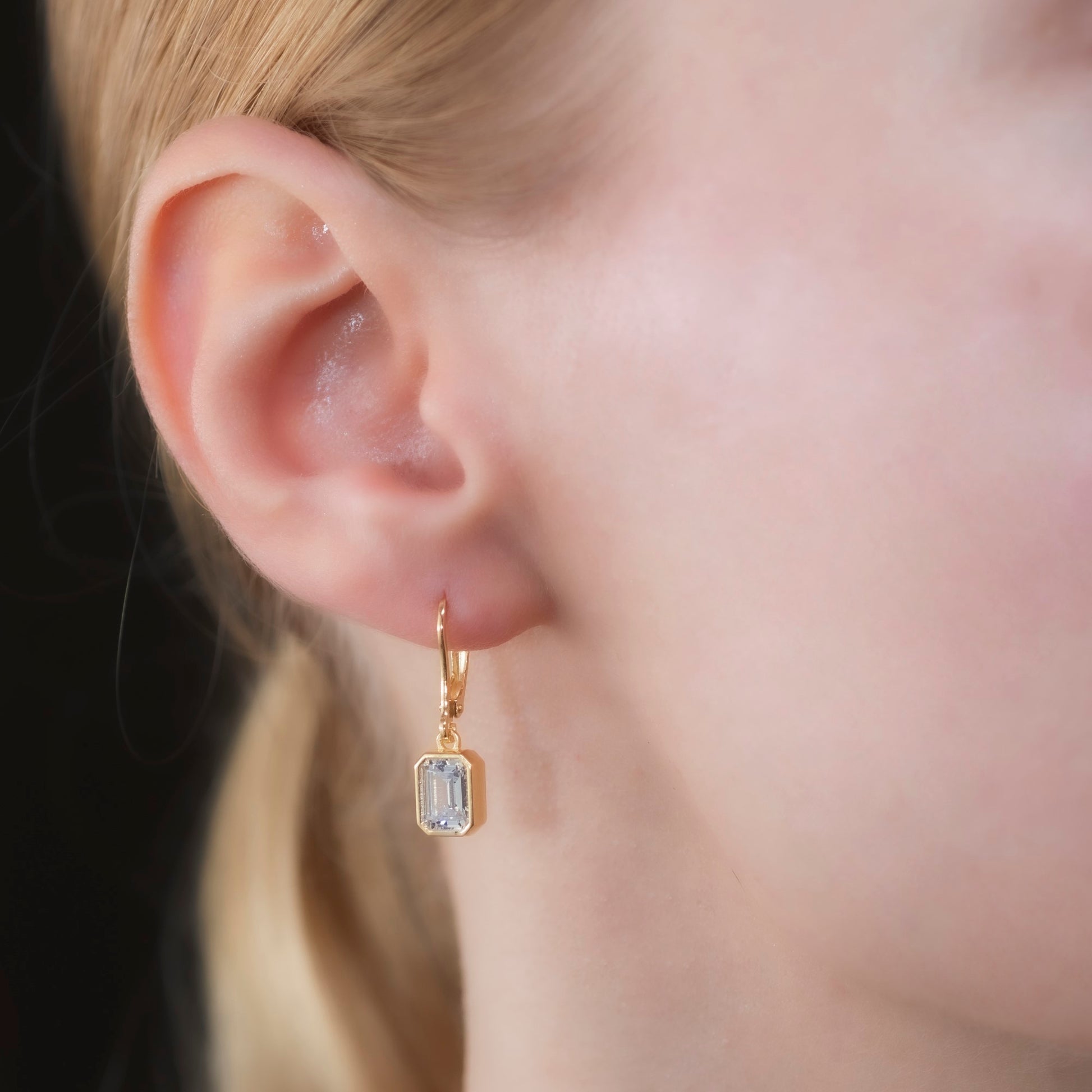Rectangle White Topaz Dangling Earrings in 14K Solid Gold, April Birthstone Baguette Cut Jewelry Queen Jewelry Earrings