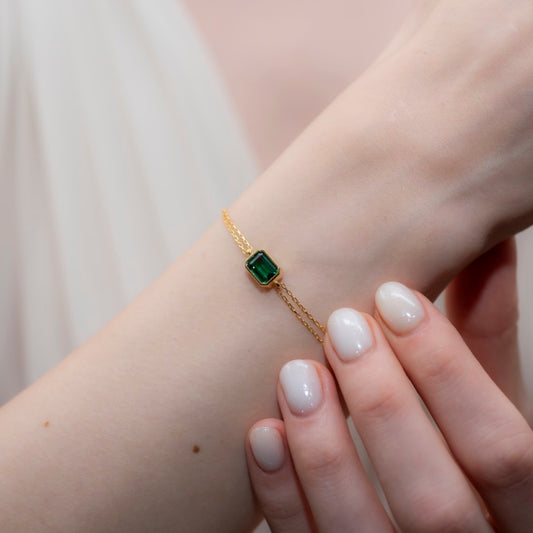 Emerald Rectangle Bracelet 8K/10K/14K Solid Gold, May Birthstone Baguette Jewelry