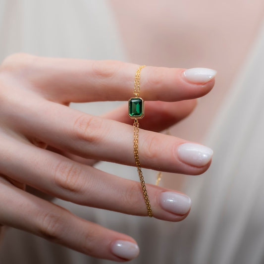Emerald Rectangle Bracelet 8K/10K/14K Solid Gold, May Birthstone Baguette Jewelry
