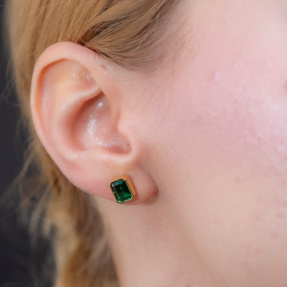 Rectangle Emerald Stud Earrings in 14K Solid Gold, May Birthstone Baguette Cut Jewelry Queen Jewelry Earrings