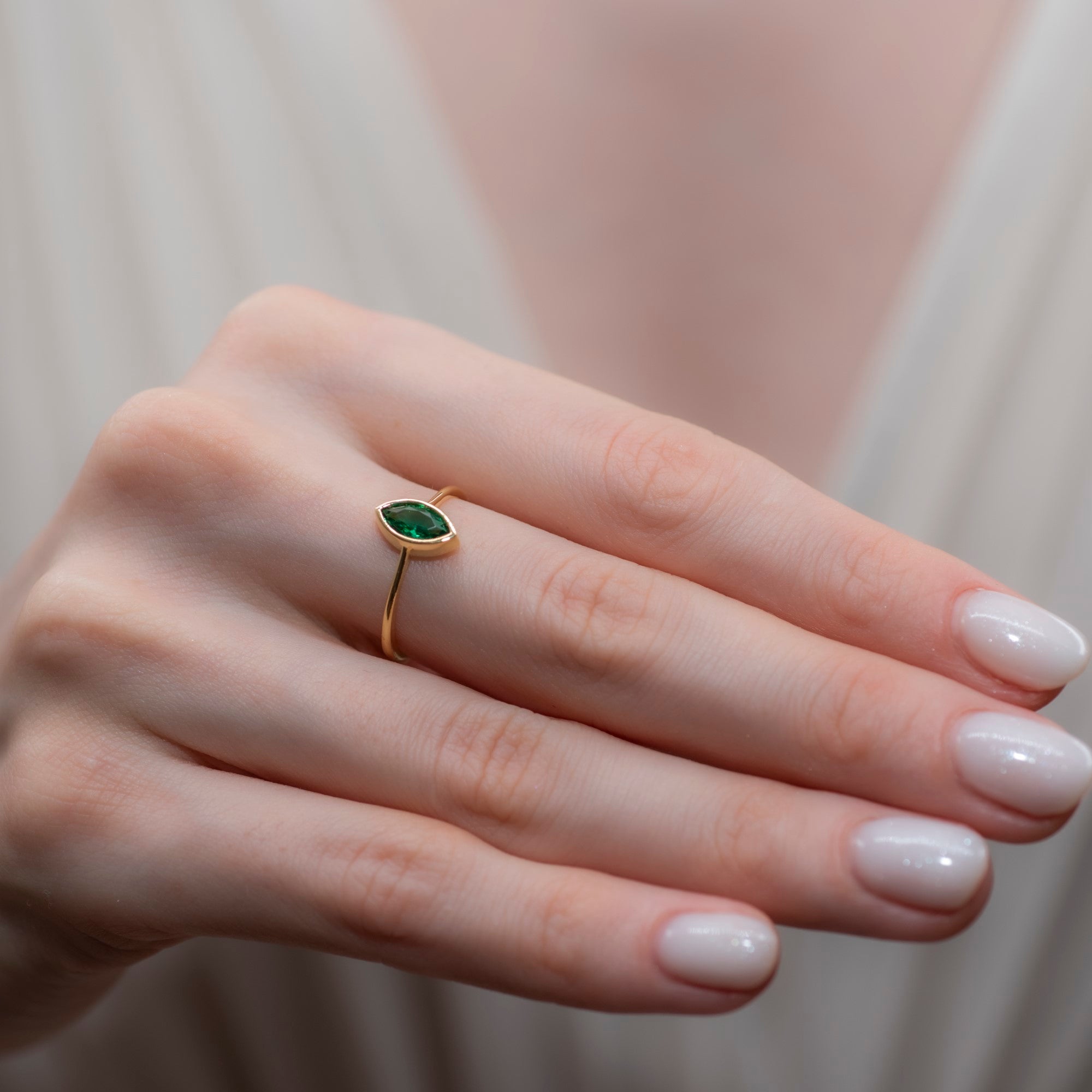 Emerald Ring Bezel Marquise Cut in 14K Solid Gold, May Birthstone Jewelry Queen Jewelry Rings