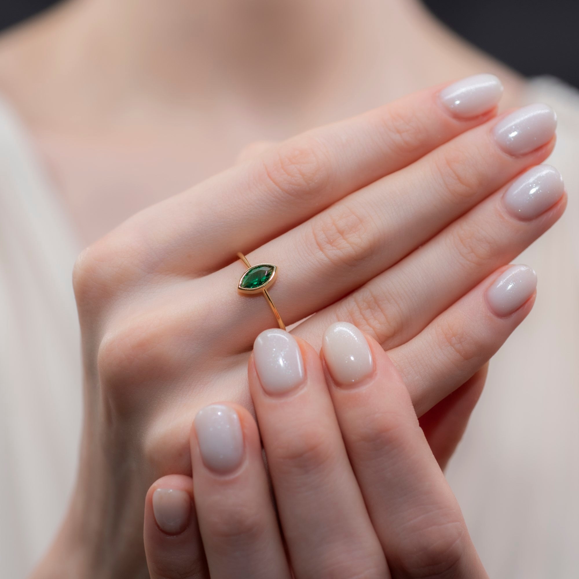 Emerald Ring Bezel Marquise Cut in 14K Solid Gold, May Birthstone Jewelry Queen Jewelry Rings