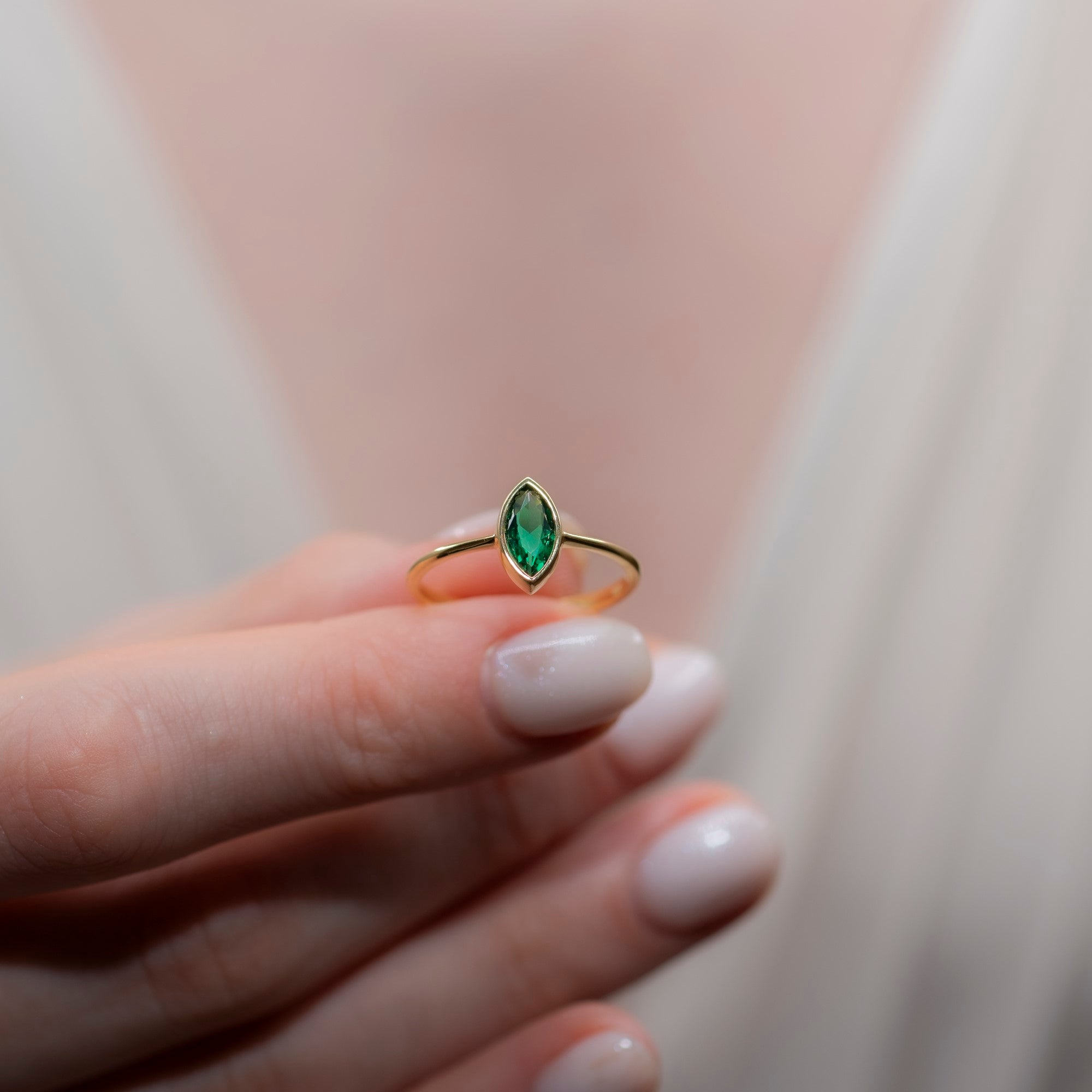 Emerald Ring Bezel Marquise Cut in 14K Solid Gold, May Birthstone Jewelry Queen Jewelry Rings