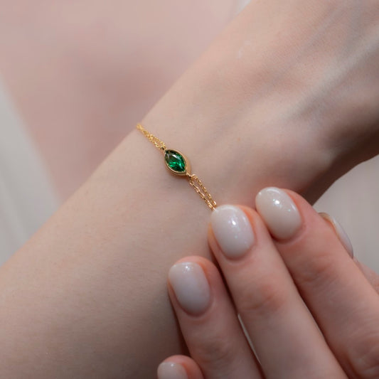 Bezel Marquise Cut Emerald Bracelet 14K Solid Gold, May Birthstone Jewelry Queen Jewelry Bracelet