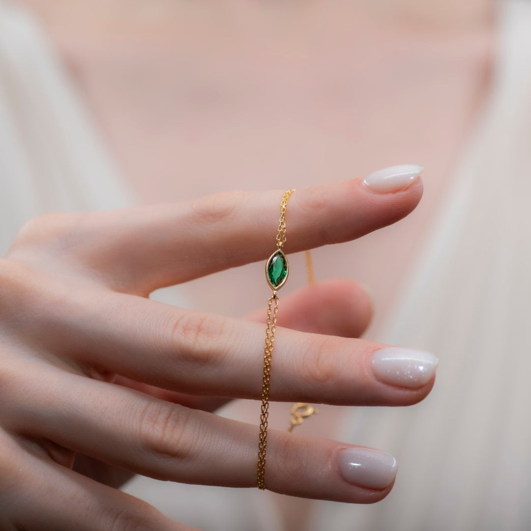 Bezel Marquise Cut Emerald Bracelet 14K Solid Gold, May Birthstone Jewelry Queen Jewelry Bracelet