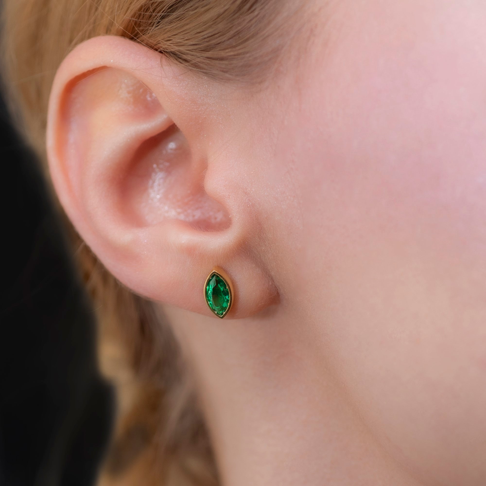 Emerald Stud Earrings Bezel Marquise Cut in 14K Solid Gold, May Birthstone Jewelry Queen Jewelry Earrings