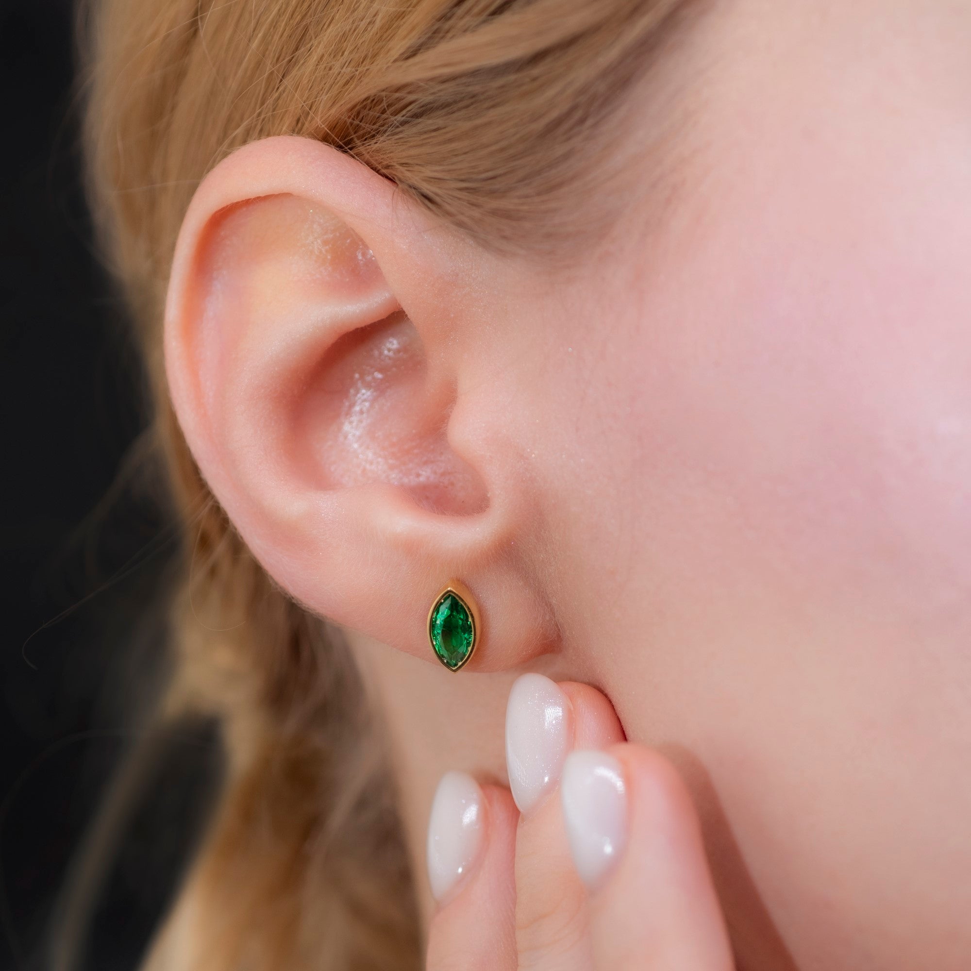 Emerald Stud Earrings Bezel Marquise Cut in 14K Solid Gold, May Birthstone Jewelry Queen Jewelry Earrings