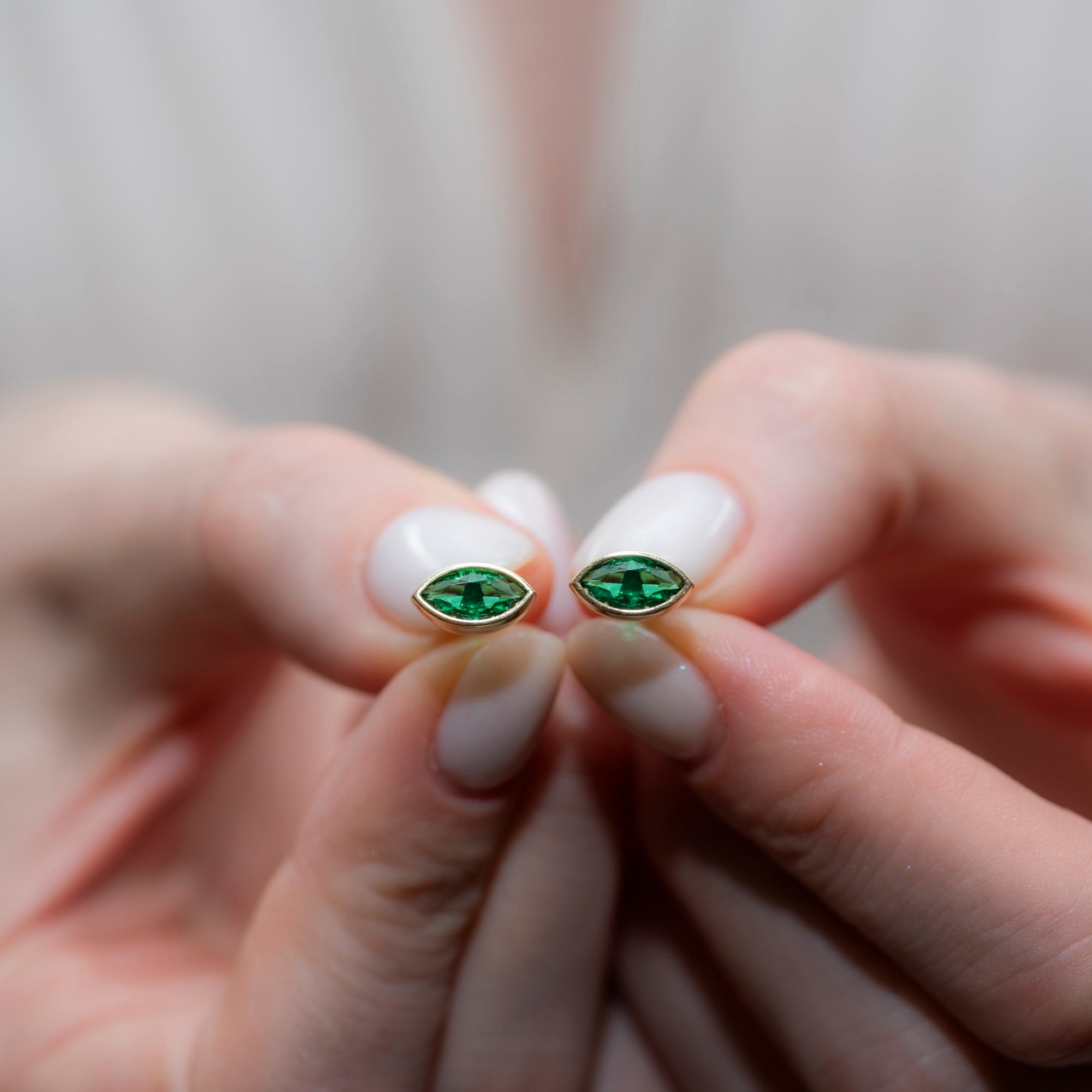 Emerald Stud Earrings Bezel Marquise Cut in 14K Solid Gold, May Birthstone Jewelry Queen Jewelry Earrings