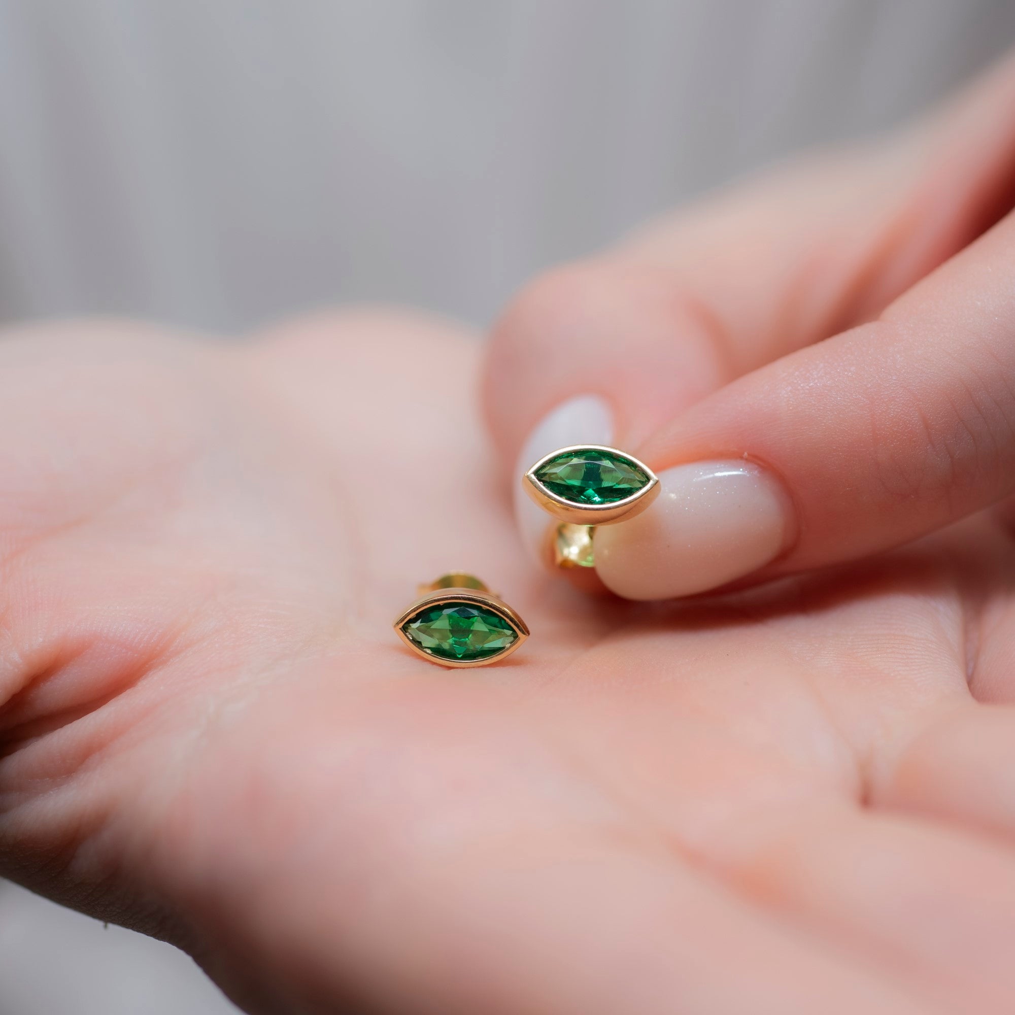 Emerald Stud Earrings Bezel Marquise Cut in 14K Solid Gold, May Birthstone Jewelry Queen Jewelry Earrings