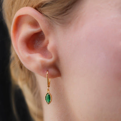 Emerald Dangle Earrings Bezel Marquise Cut in 14K Solid Gold, May Birthstone Jewelry Queen Jewelry Earrings