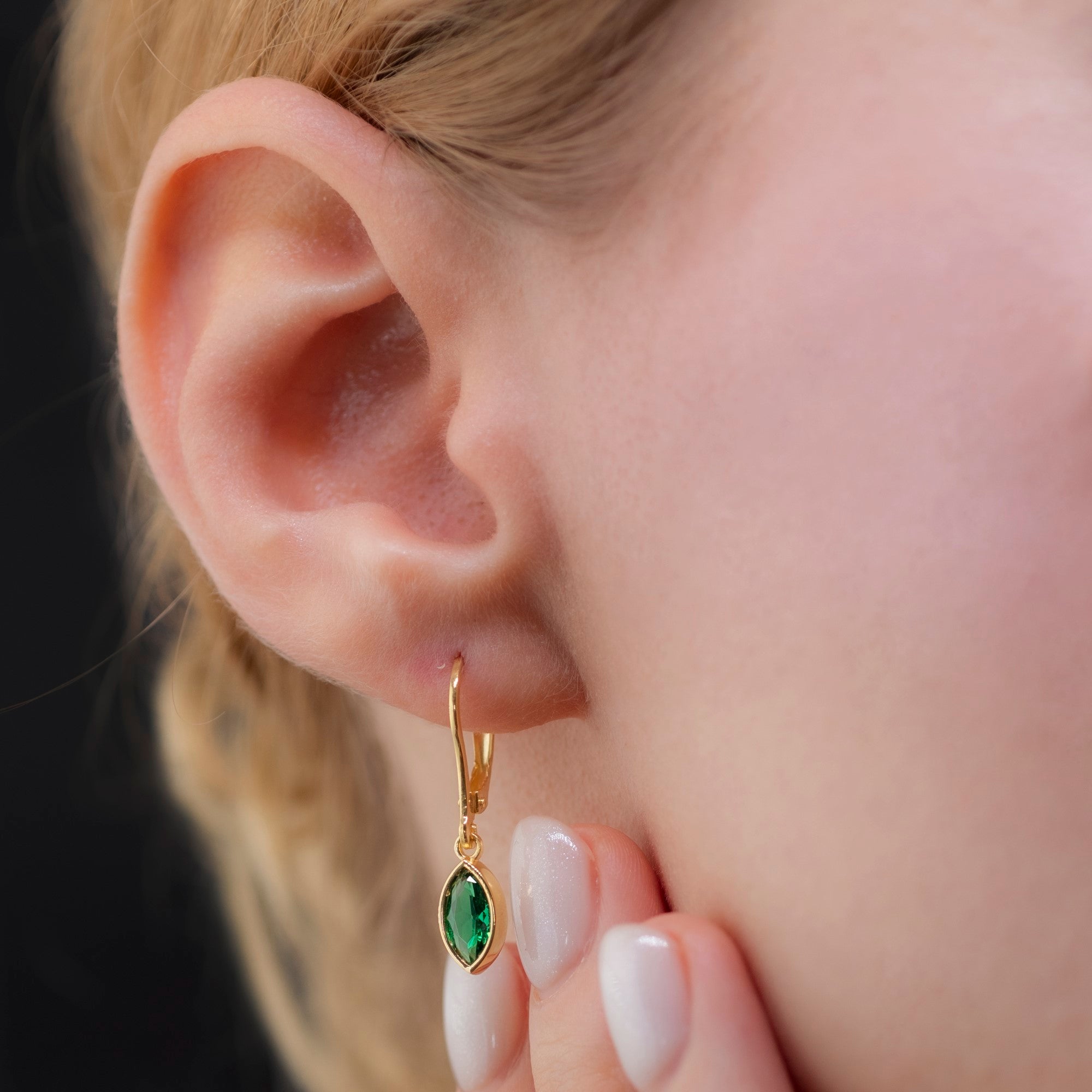 Emerald Dangle Earrings Bezel Marquise Cut in 14K Solid Gold, May Birthstone Jewelry Queen Jewelry Earrings