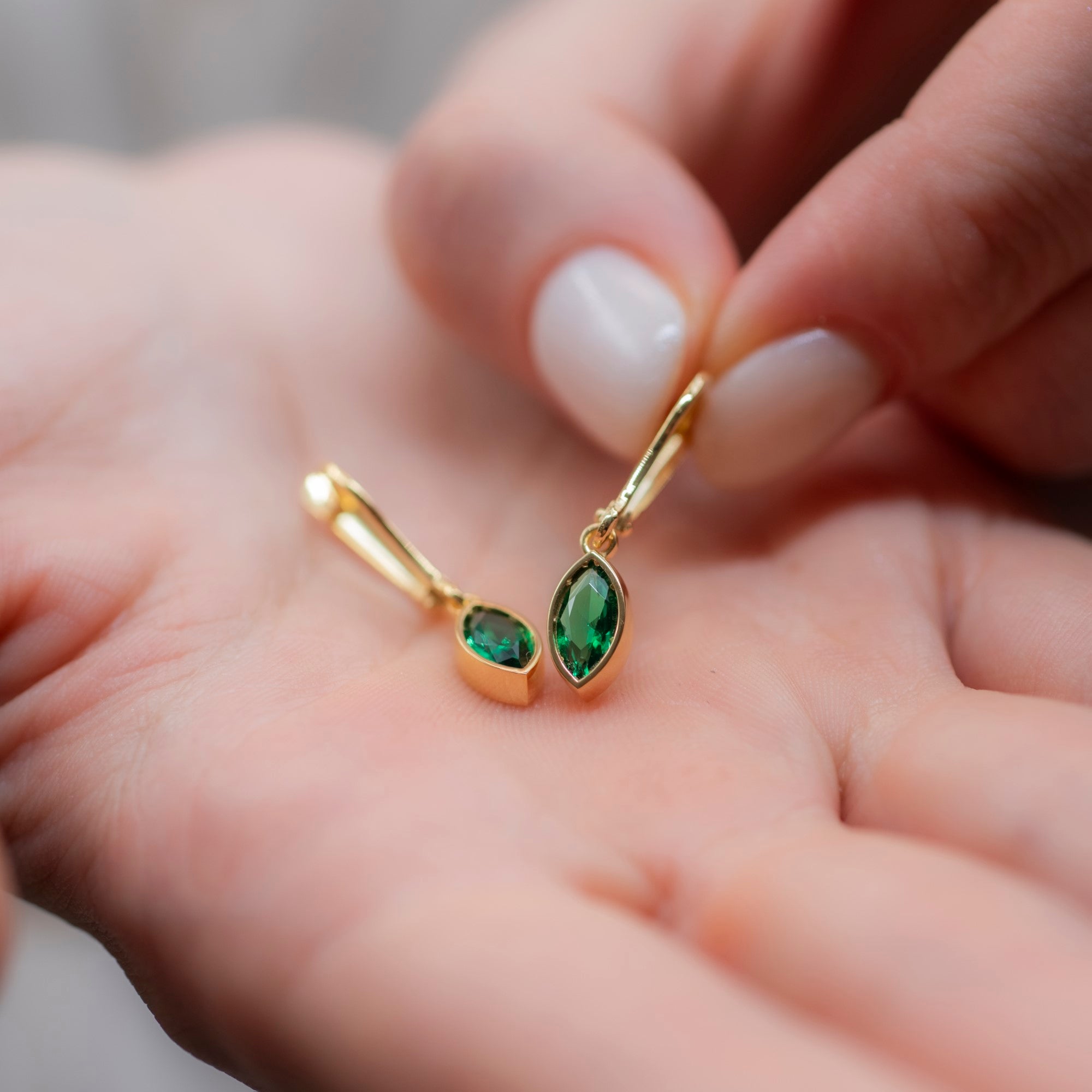 Emerald Dangle Earrings Bezel Marquise Cut in 14K Solid Gold, May Birthstone Jewelry Queen Jewelry Earrings