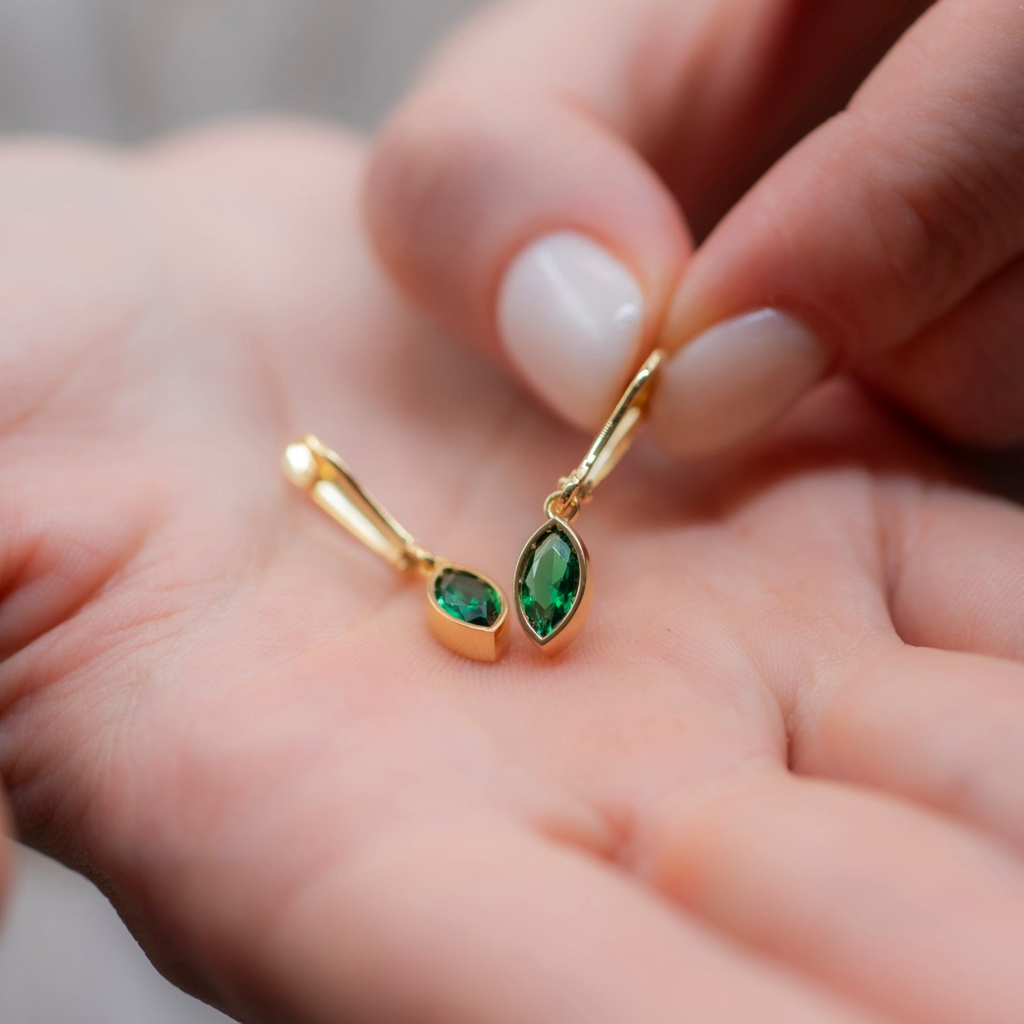 Emerald Dangle Earrings Bezel Marquise Cut in 14K Solid Gold, May Birthstone Jewelry Queen Jewelry Earrings