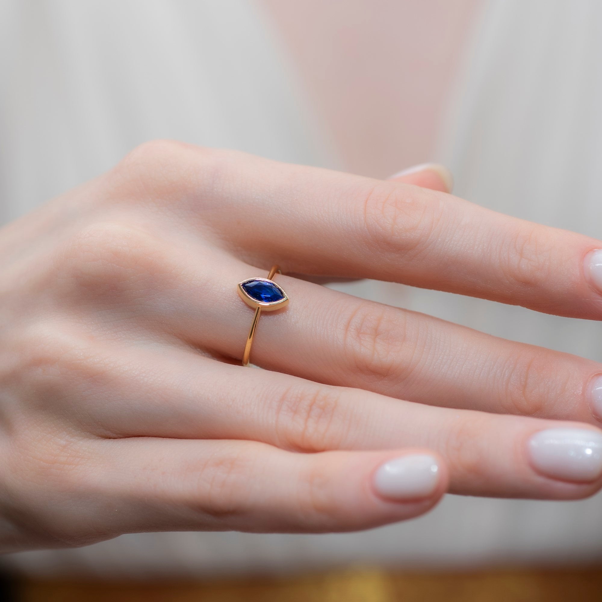 Sapphire Ring Bezel Marquise Cut in 14K Solid Gold, September Birthstone Jewelry Queen Jewelry Rings