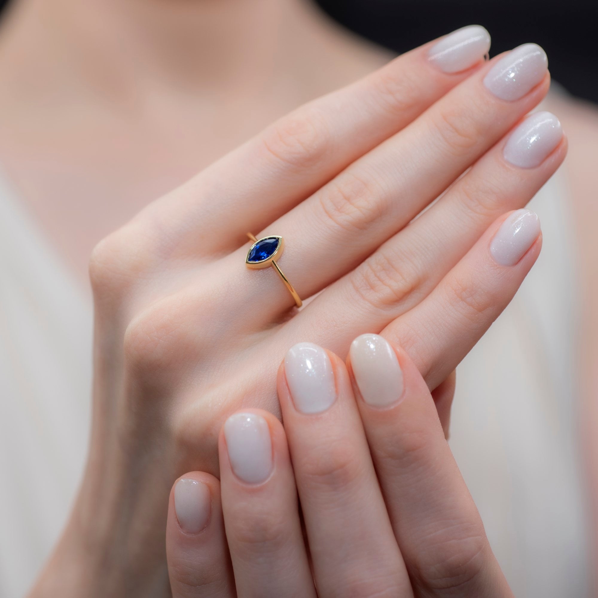 Sapphire Ring Bezel Marquise Cut in 14K Solid Gold, September Birthstone Jewelry Queen Jewelry Rings