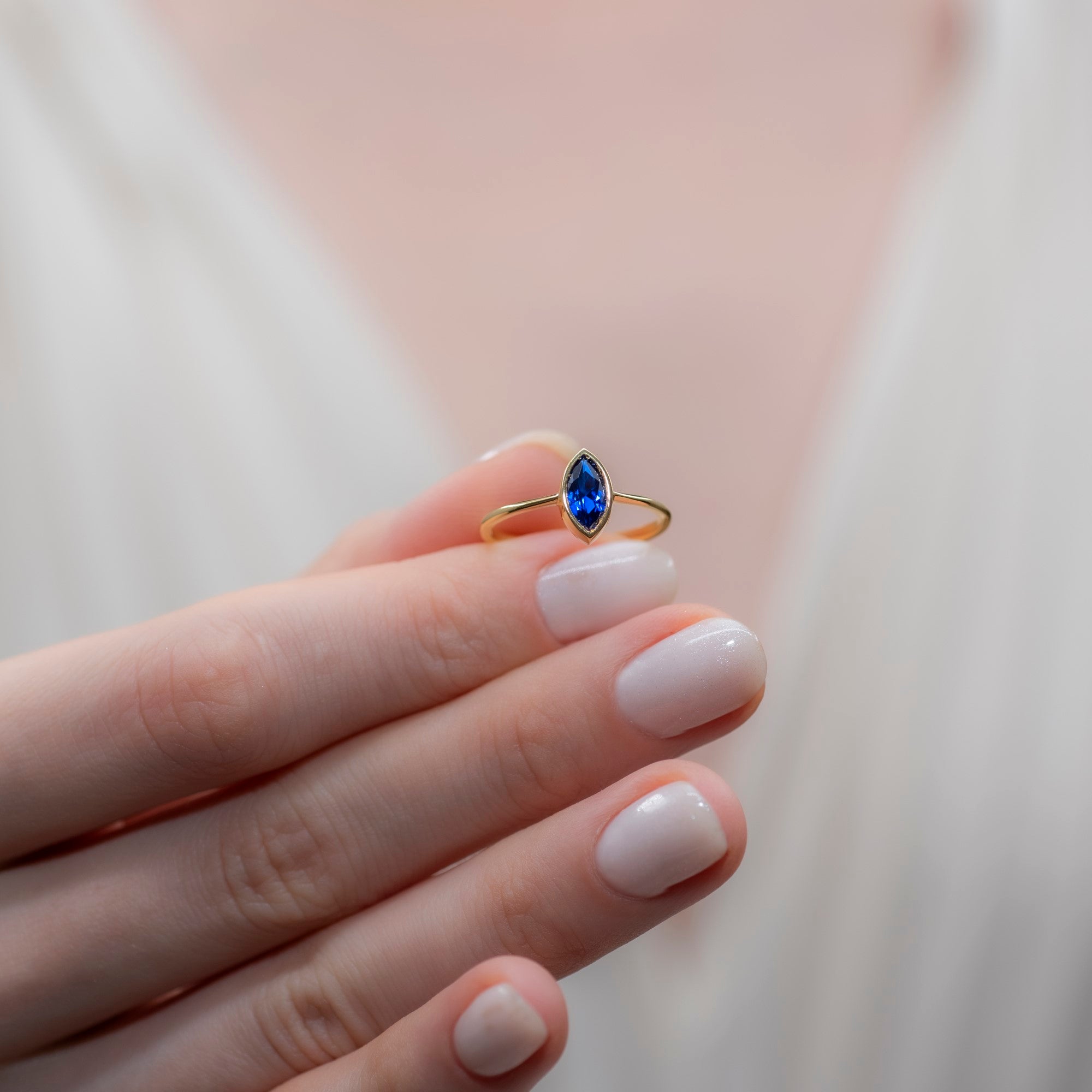 Sapphire Ring Bezel Marquise Cut in 14K Solid Gold, September Birthstone Jewelry Queen Jewelry Rings