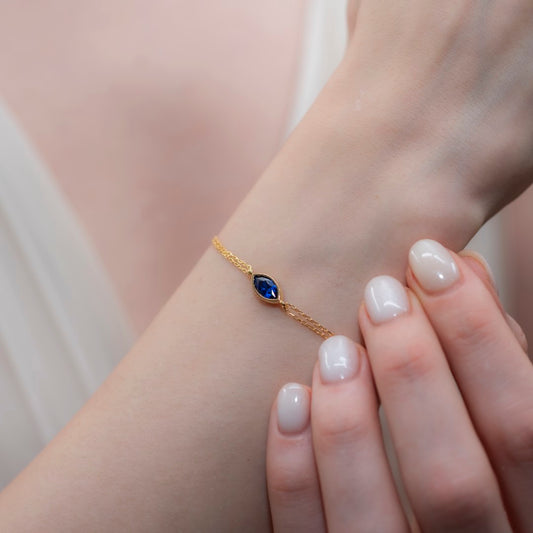Bezel Marquise Cut Sapphire Bracelet 10K/14K Solid Gold, September Birthstone Jewelry