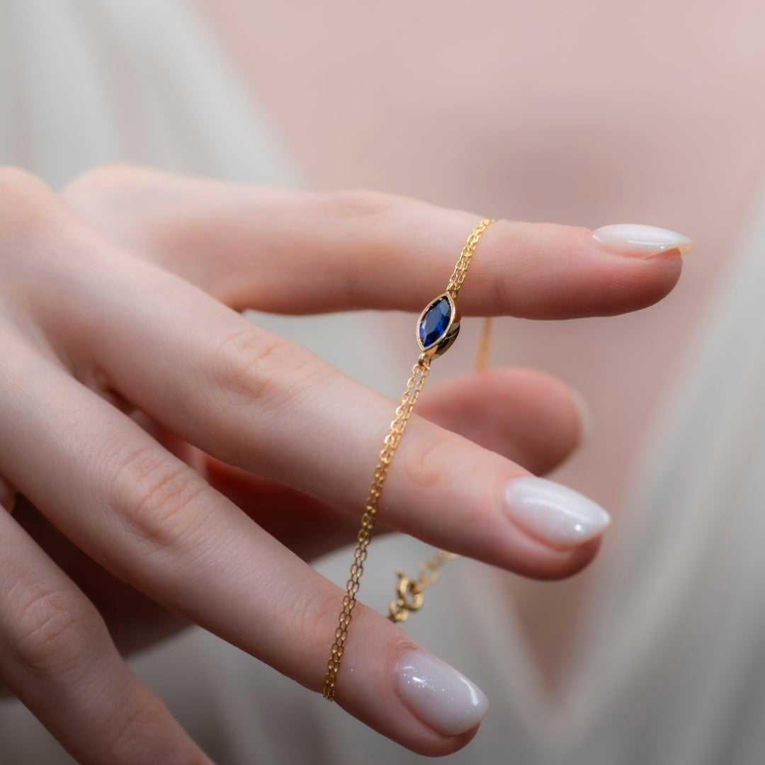 Bezel Marquise Cut Sapphire Bracelet 10K/14K Solid Gold, September Birthstone Jewelry