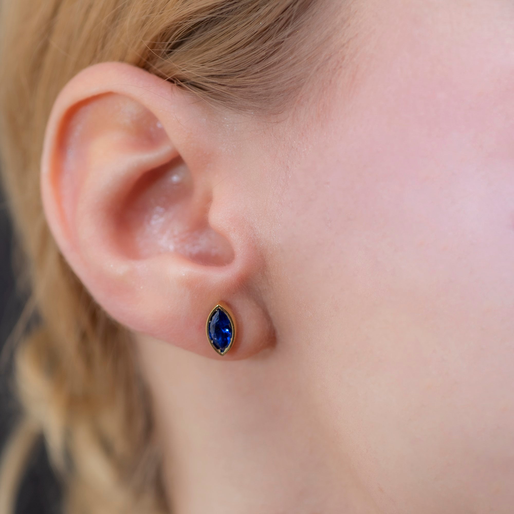 Sapphire Stud Earrings Bezel Marquise Cut in 14K Solid Gold, September Birthstone Jewelry Queen Jewelry Earrings