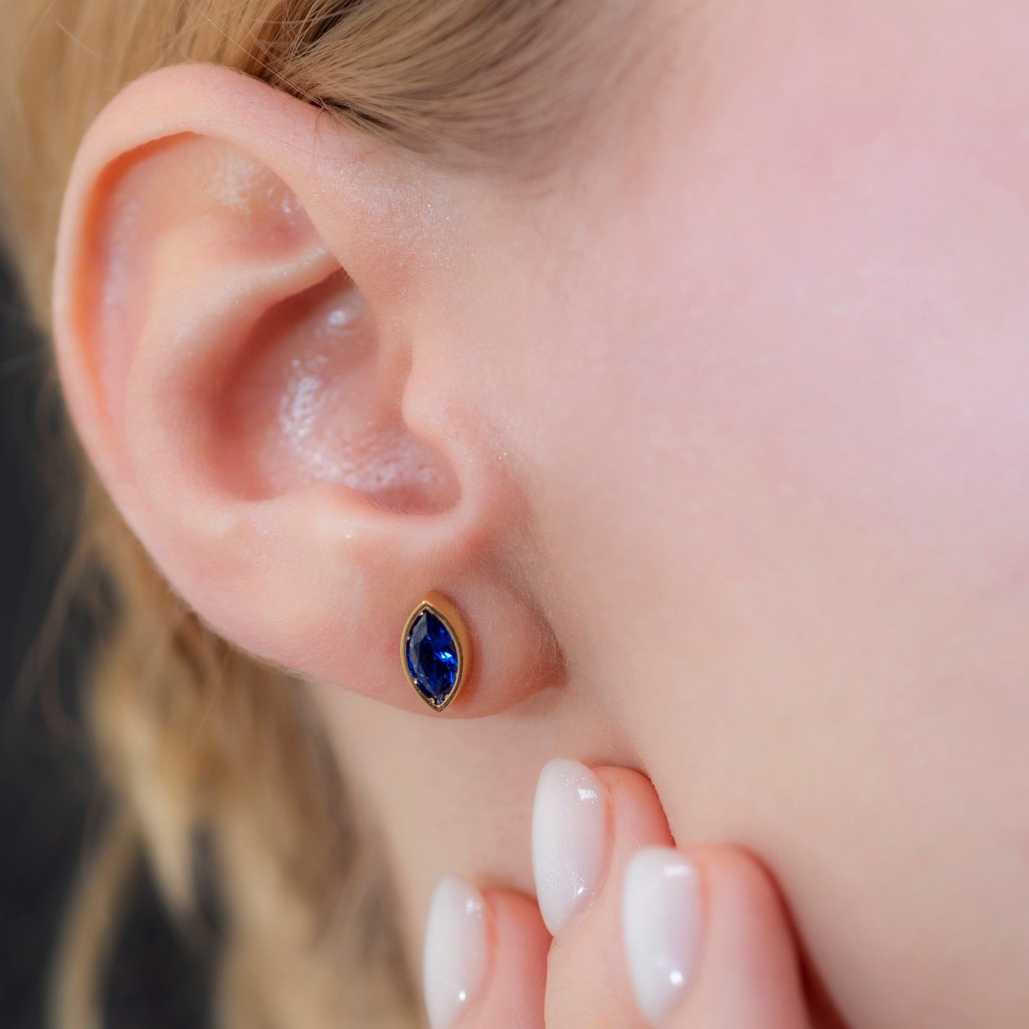 Sapphire Stud Earrings Bezel Marquise Cut in 14K Solid Gold, September Birthstone Jewelry Queen Jewelry Earrings