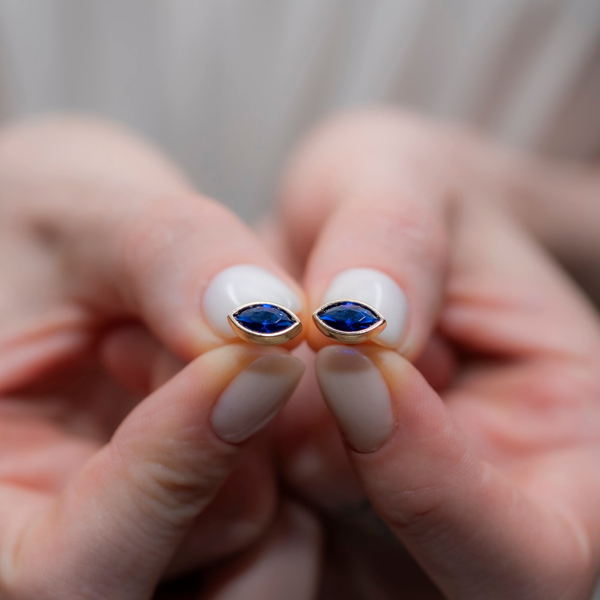 Sapphire Stud Earrings Bezel Marquise Cut in 14K Solid Gold, September Birthstone Jewelry Queen Jewelry Earrings