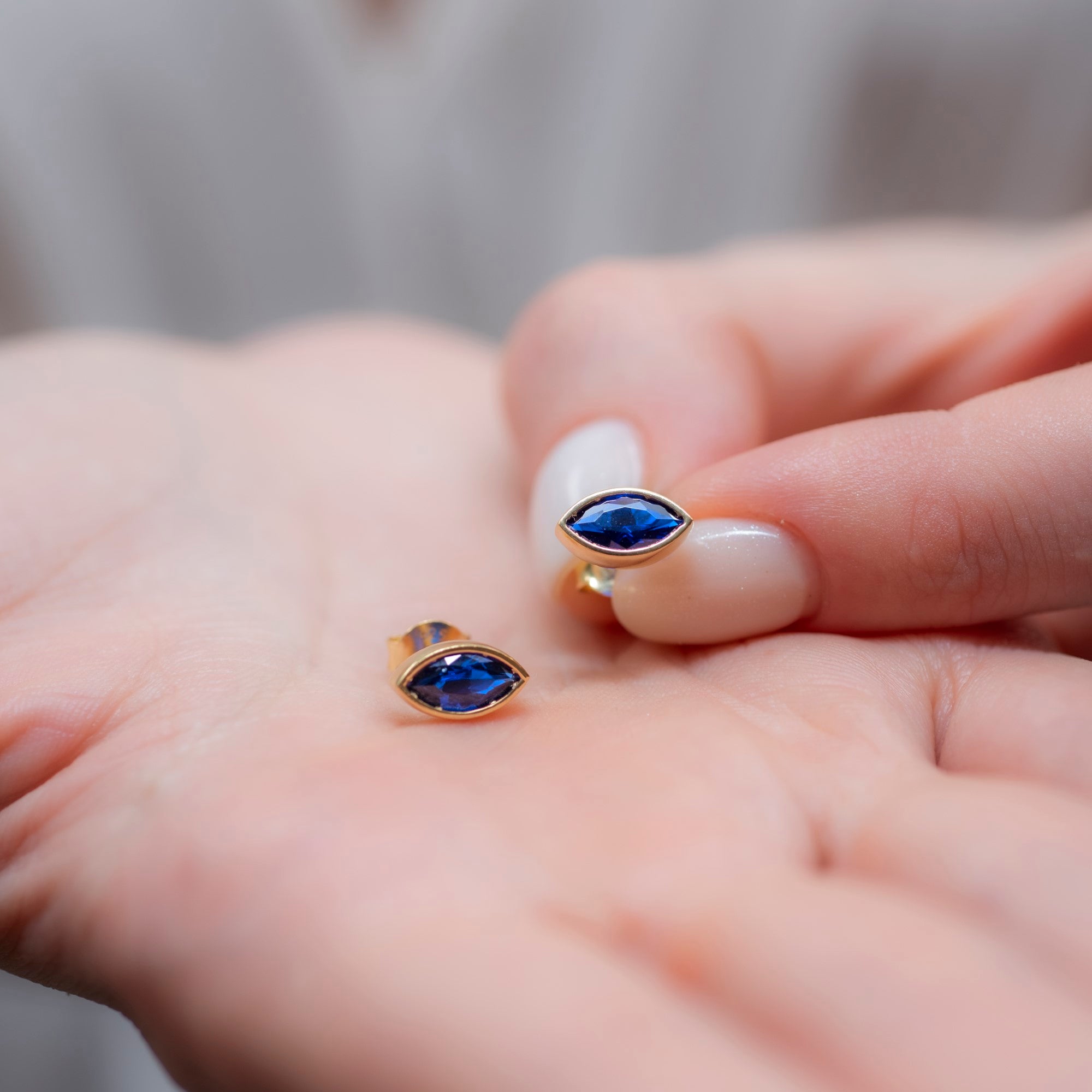 Sapphire Stud Earrings Bezel Marquise Cut in 14K Solid Gold, September Birthstone Jewelry Queen Jewelry Earrings