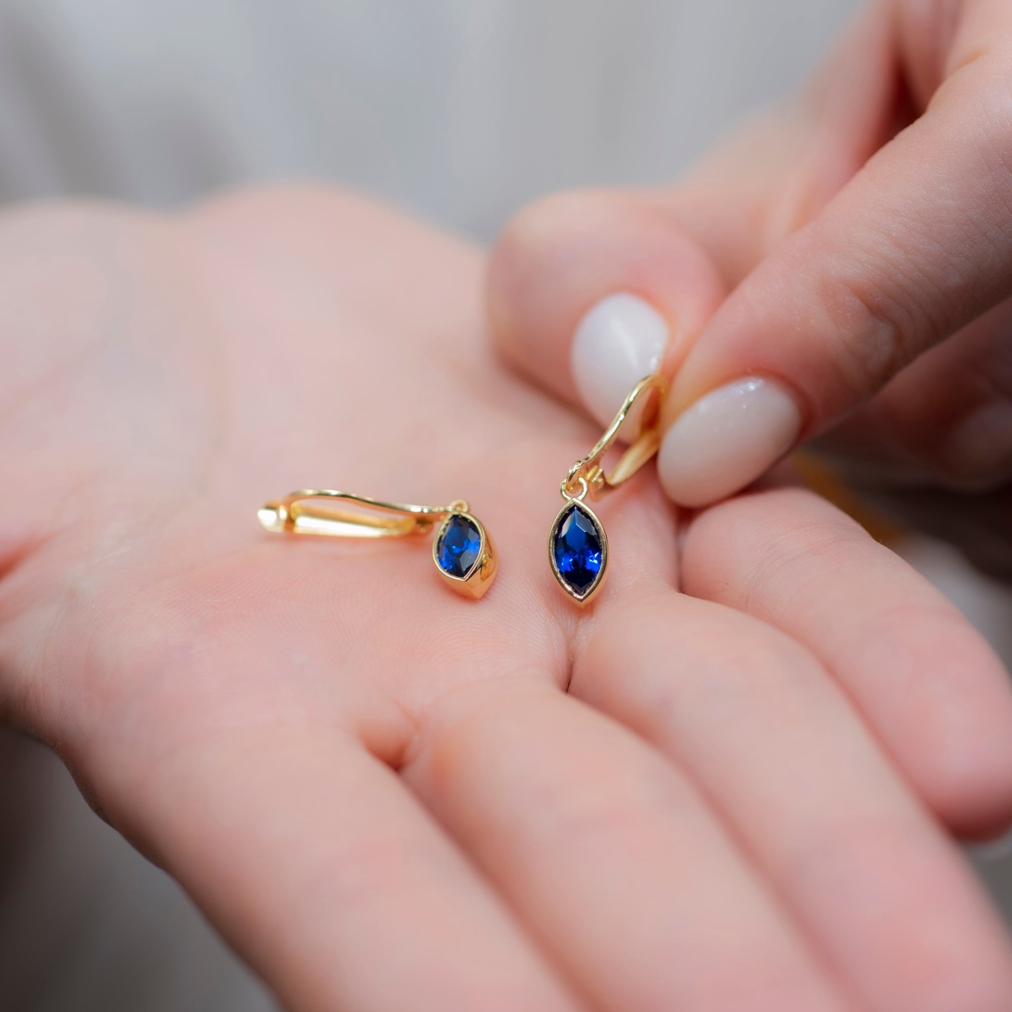 Sapphire Dangle Earrings Bezel Marquise Cut in 14K Solid Gold, September Birthstone Jewelry Queen Jewelry Earrings