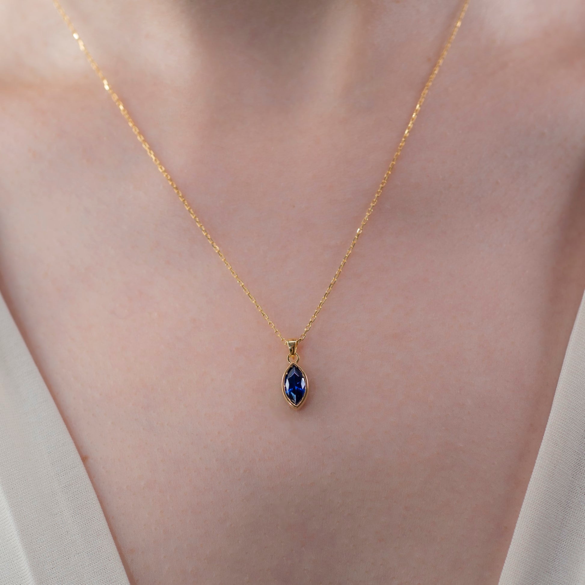 Marquise Cut Sapphire Bezel Necklace 14K Solid Gold, September Birthstone Pendant Queen Jewelry Necklace