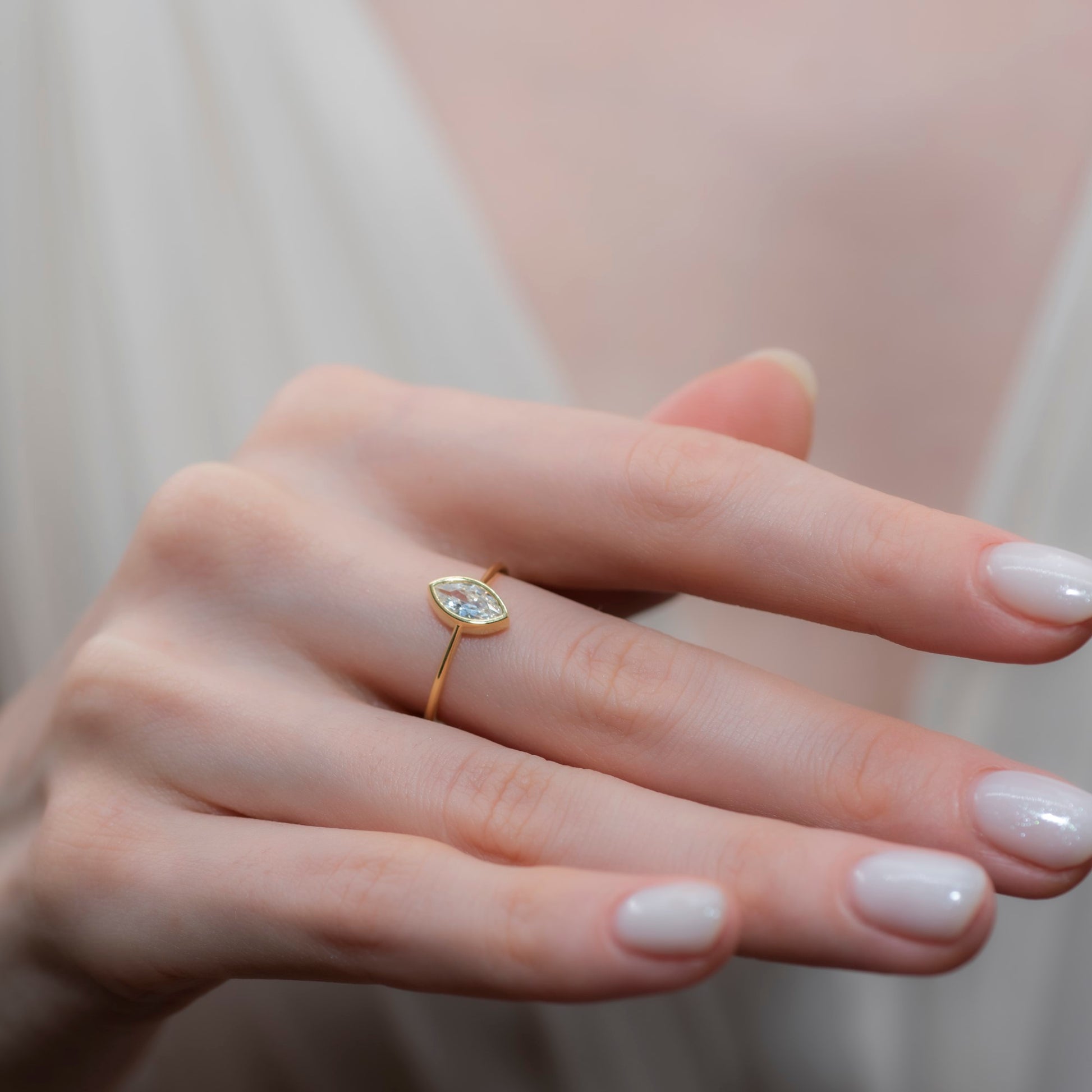 White Topaz Ring Bezel Marquise Cut in 14K Solid Gold, April Birthstone Jewelry Queen Jewelry Rings