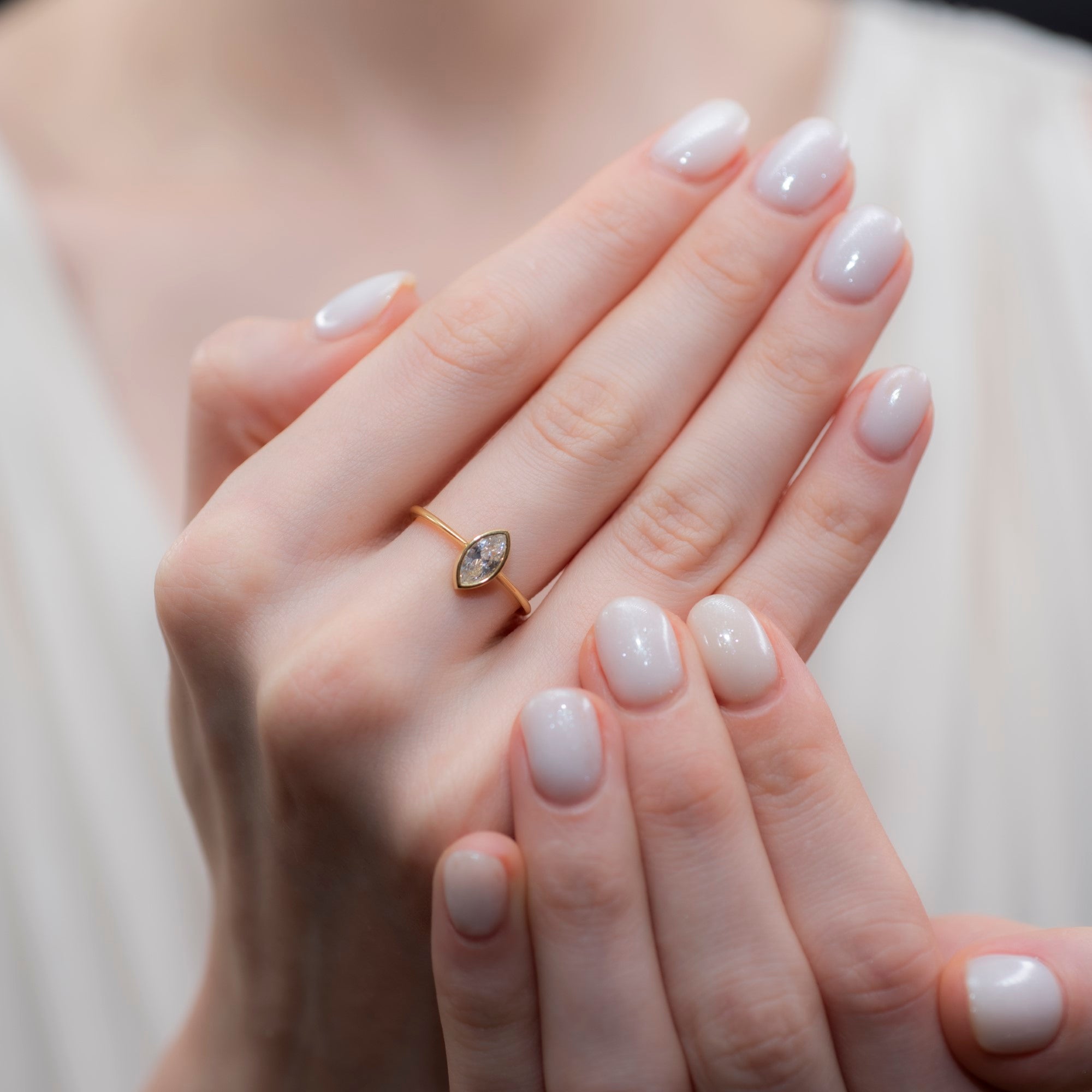 White Topaz Ring Bezel Marquise Cut in 14K Solid Gold, April Birthstone Jewelry Queen Jewelry Rings