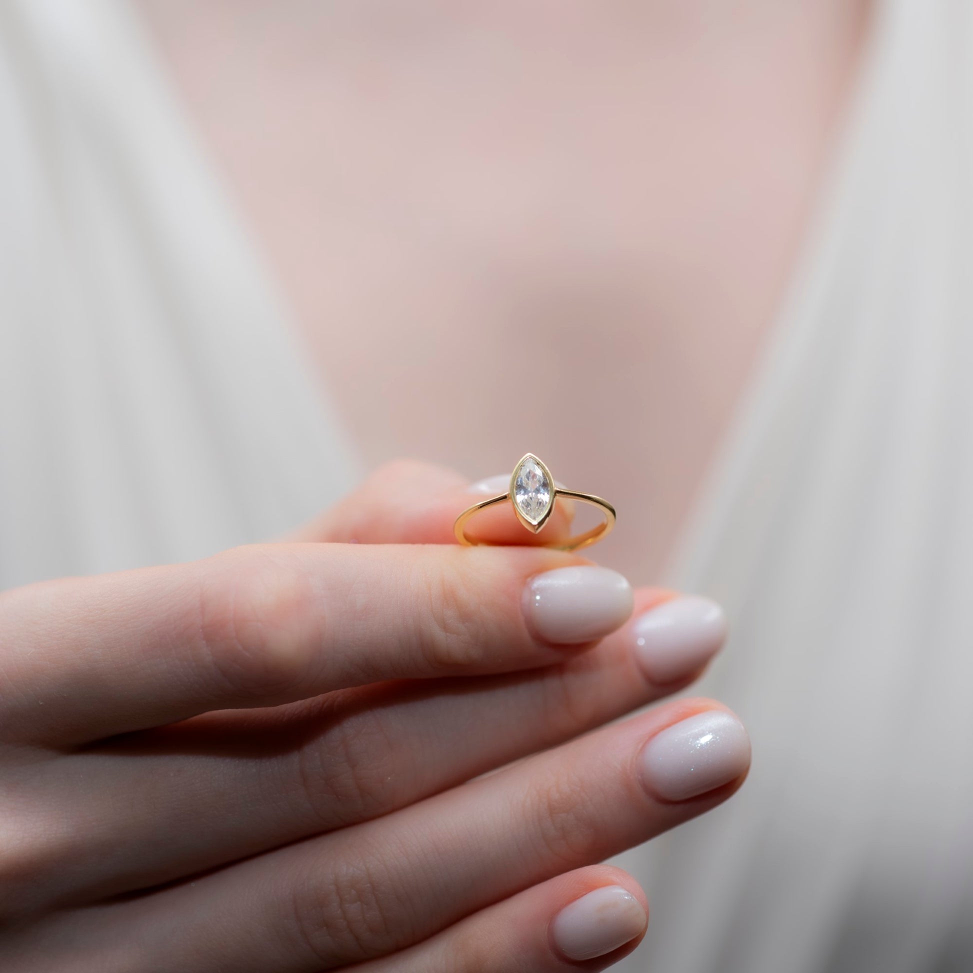 White Topaz Ring Bezel Marquise Cut in 14K Solid Gold, April Birthstone Jewelry Queen Jewelry Rings