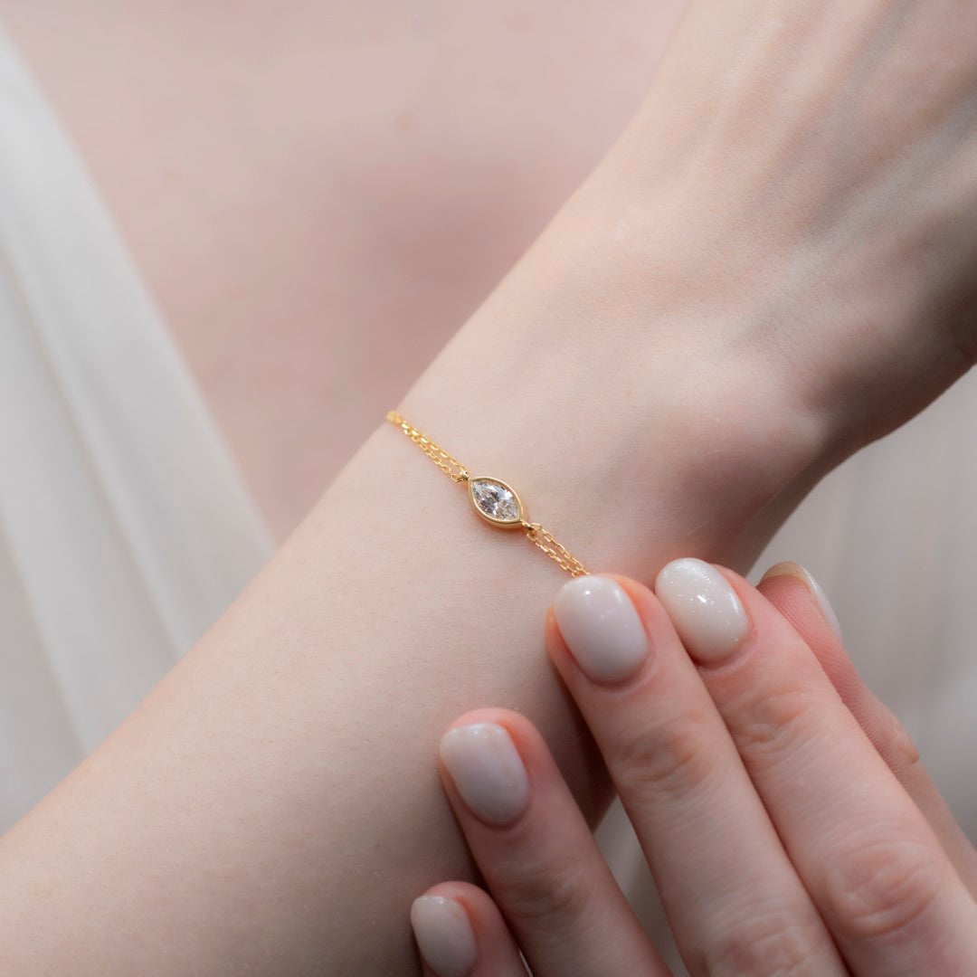 Bezel Marquise Cut White Topaz Bracelet 10K/14K Solid Gold, April Birthstone Jewelry