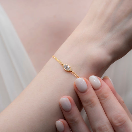 Bezel Marquise Cut White Topaz Bracelet 10K/14K Solid Gold, April Birthstone Jewelry