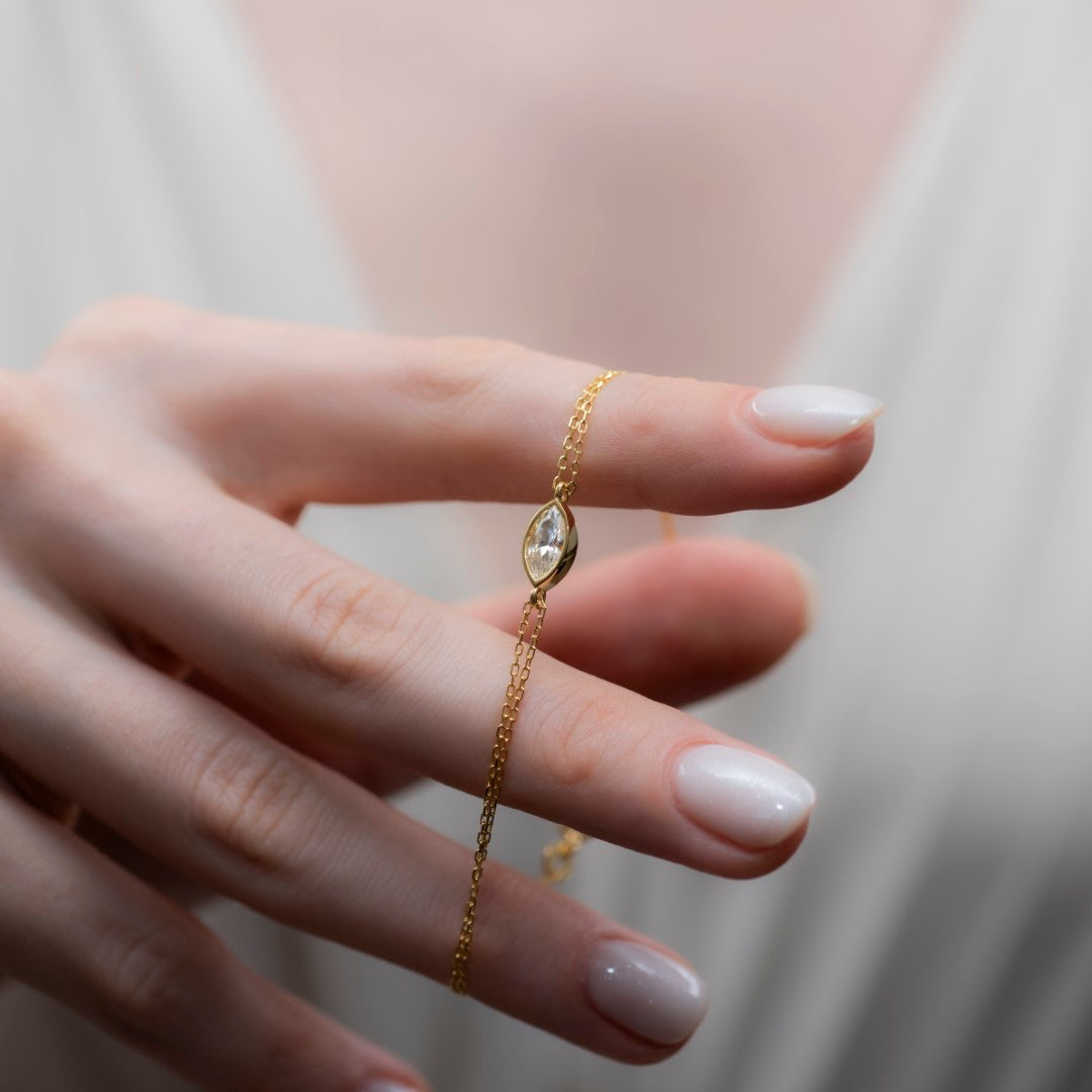 Bezel Marquise Cut White Topaz Bracelet 10K/14K Solid Gold, April Birthstone Jewelry