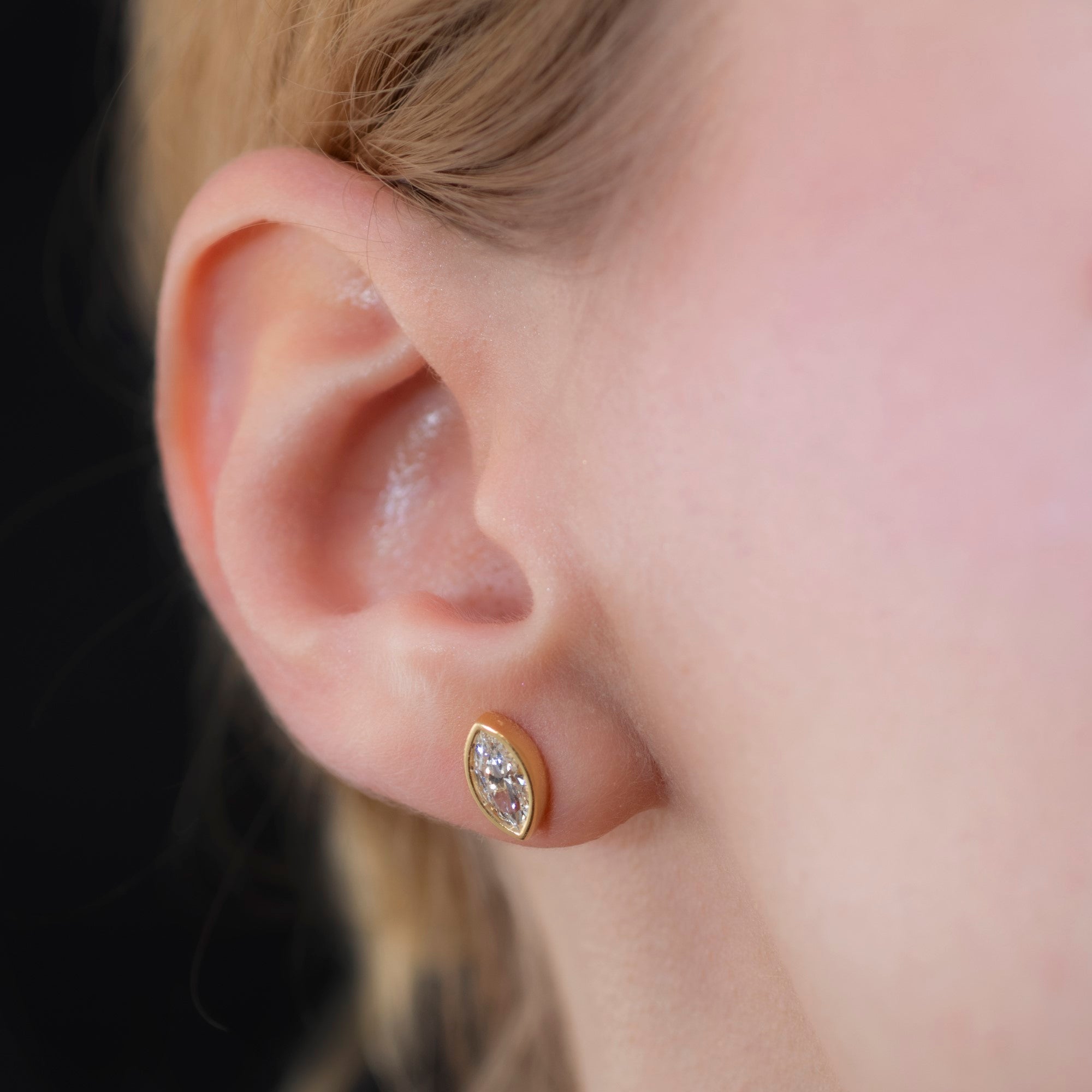 White Topaz Stud Earrings Bezel Marquise Cut in 14K Solid Gold, April Birthstone Jewelry Queen Jewelry Earrings