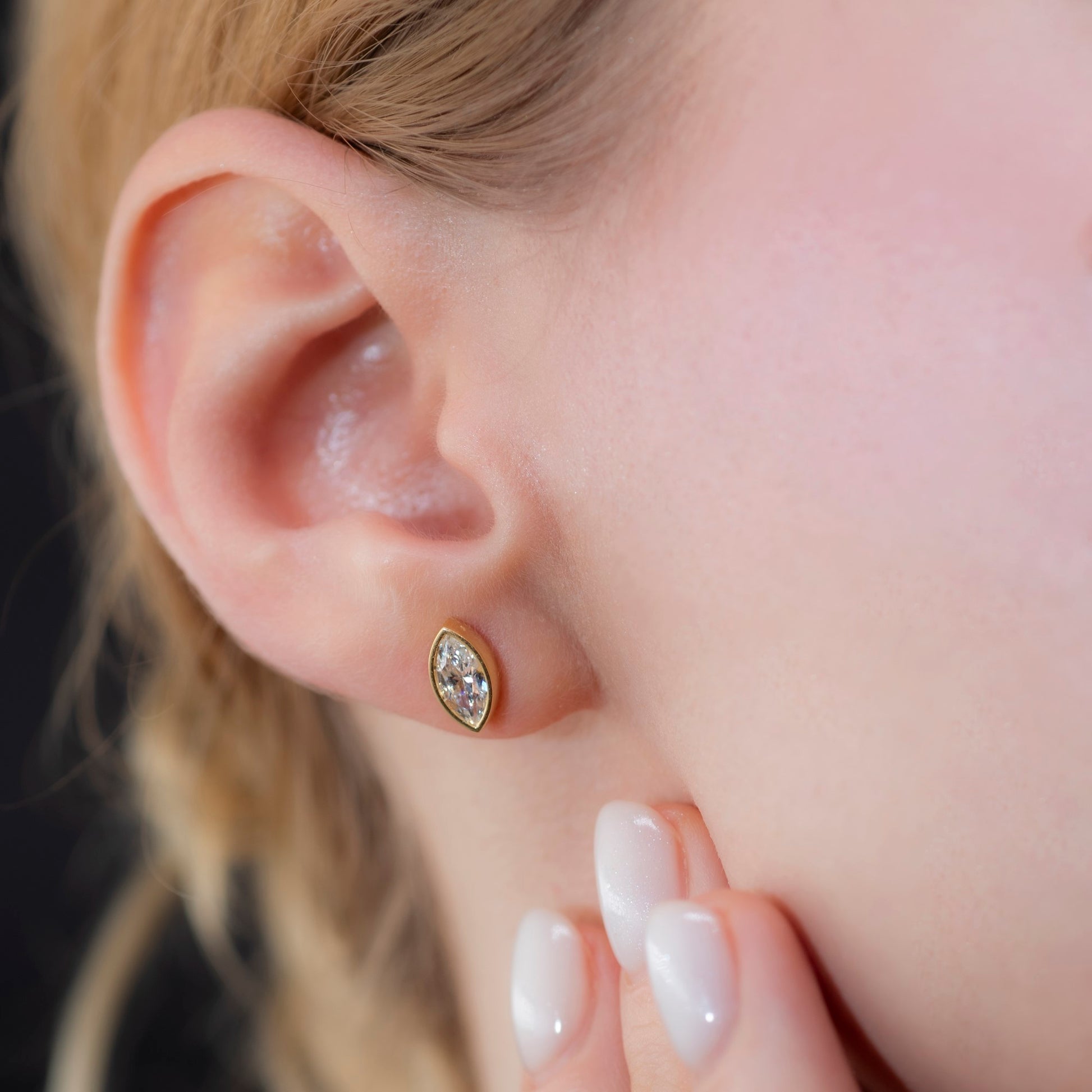 White Topaz Stud Earrings Bezel Marquise Cut in 14K Solid Gold, April Birthstone Jewelry Queen Jewelry Earrings