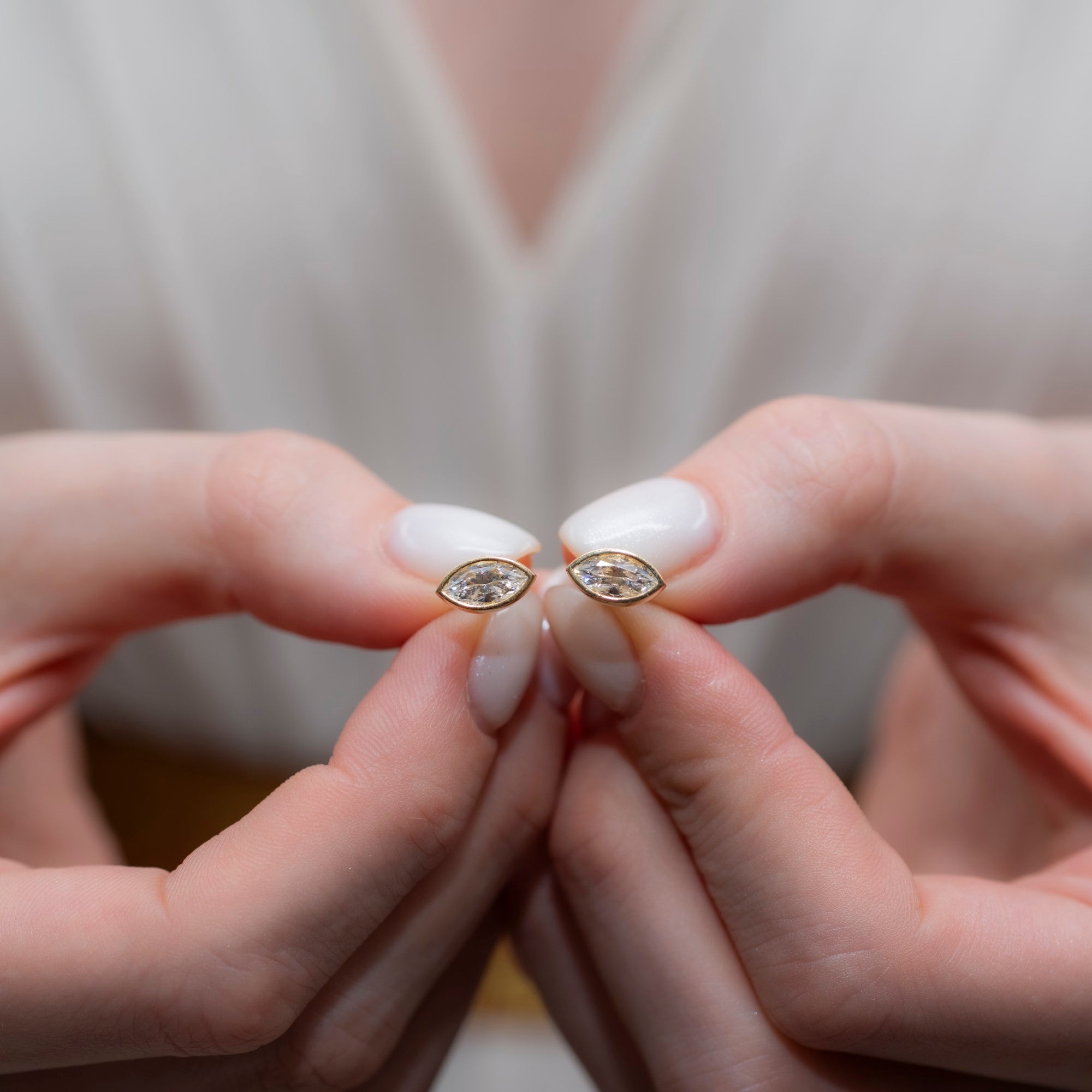 White Topaz Stud Earrings Bezel Marquise Cut in 14K Solid Gold, April Birthstone Jewelry Queen Jewelry Earrings