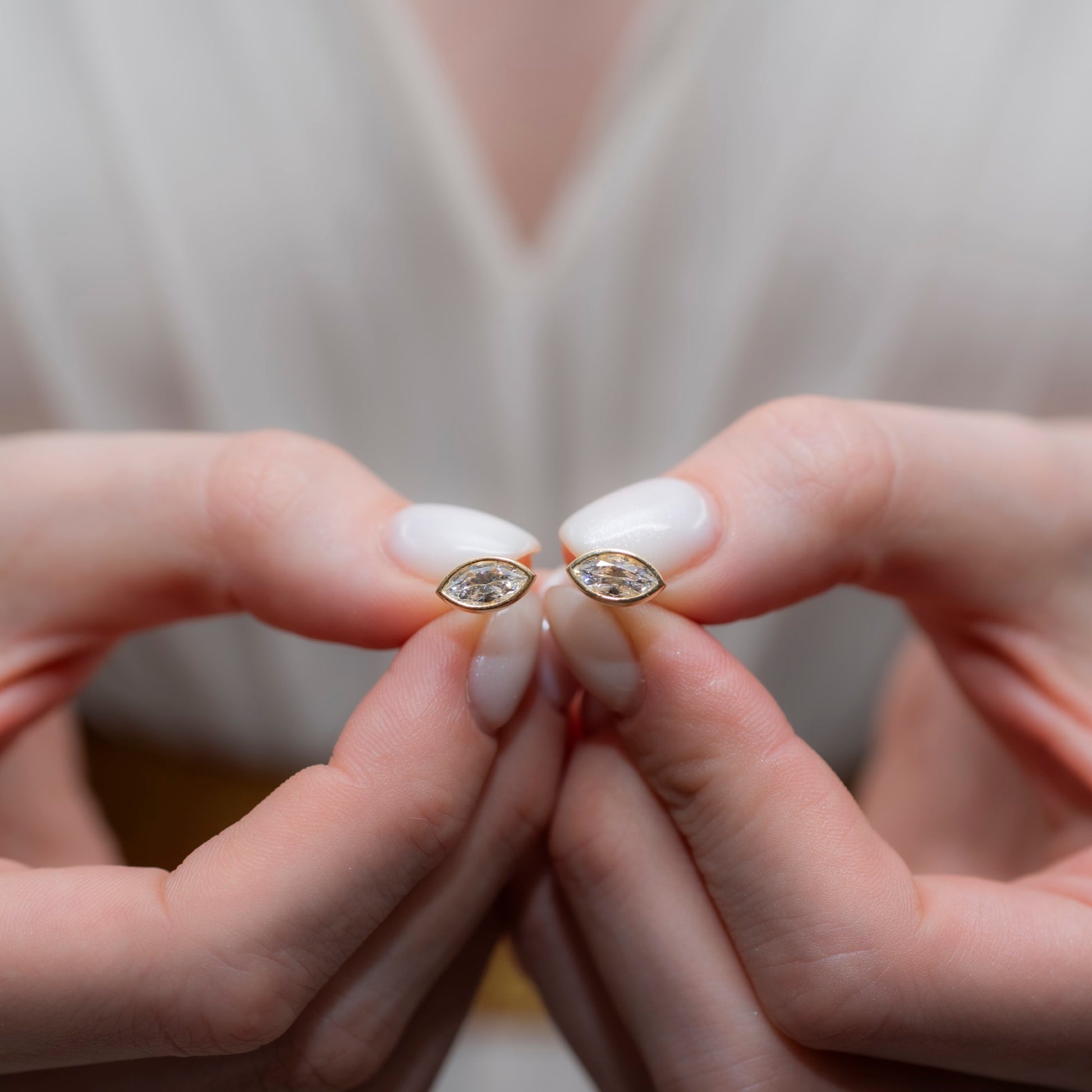 White Topaz Stud Earrings Bezel Marquise Cut in 14K Solid Gold, April Birthstone Jewelry Queen Jewelry Earrings