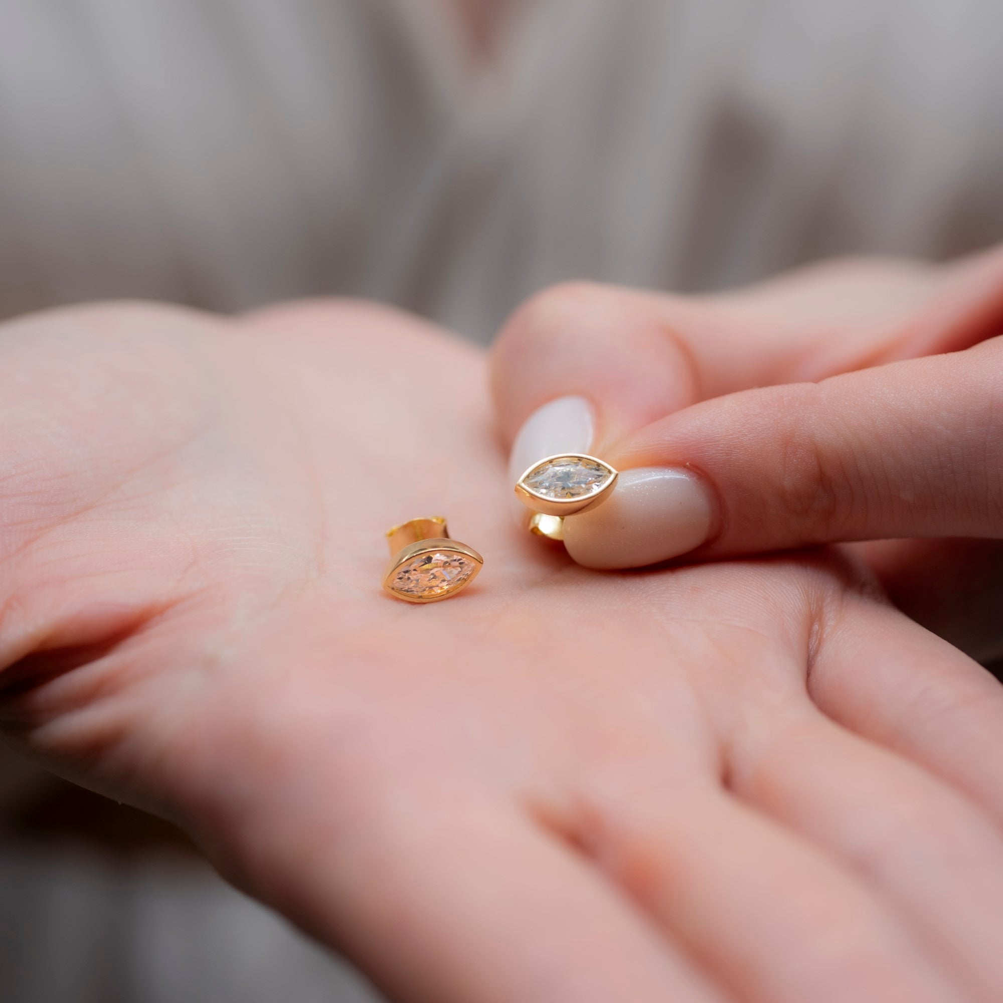 White Topaz Stud Earrings Bezel Marquise Cut in 14K Solid Gold, April Birthstone Jewelry Queen Jewelry Earrings