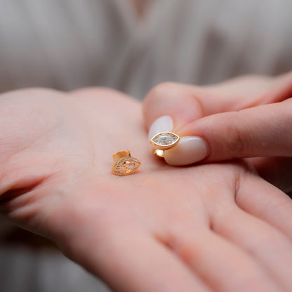 White Topaz Stud Earrings Bezel Marquise Cut in 14K Solid Gold, April Birthstone Jewelry Queen Jewelry Earrings