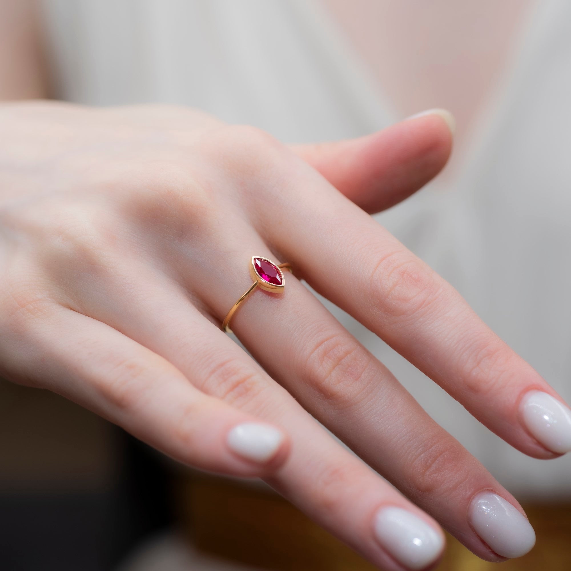 Ruby Ring Bezel Marquise Cut in 14K Solid Gold, July Birthstone Jewelry Queen Jewelry Rings