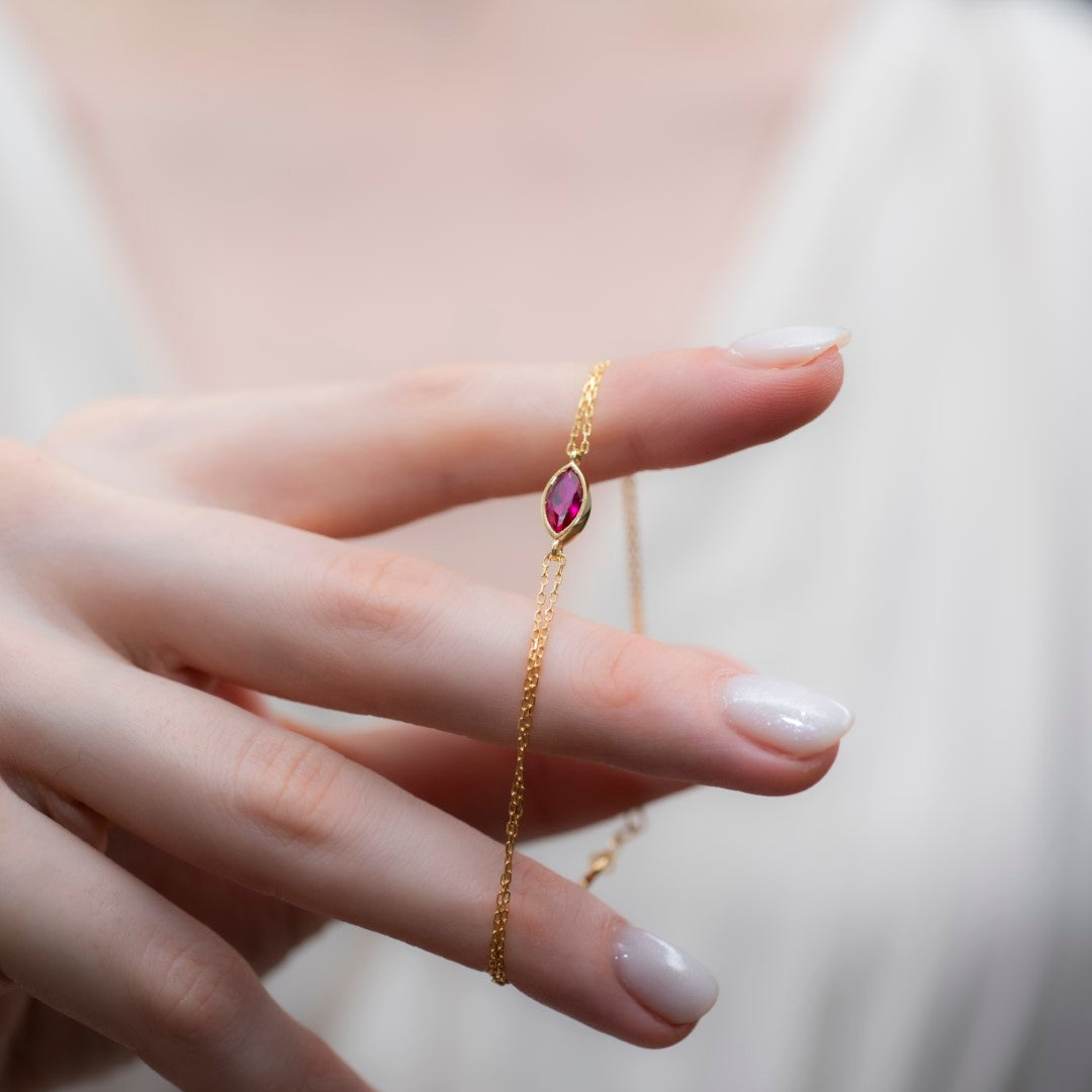 Bezel Marquise Cut Ruby Bracelet 14K Solid Gold, July Birthstone Jewelry Queen Jewelry Bracelet