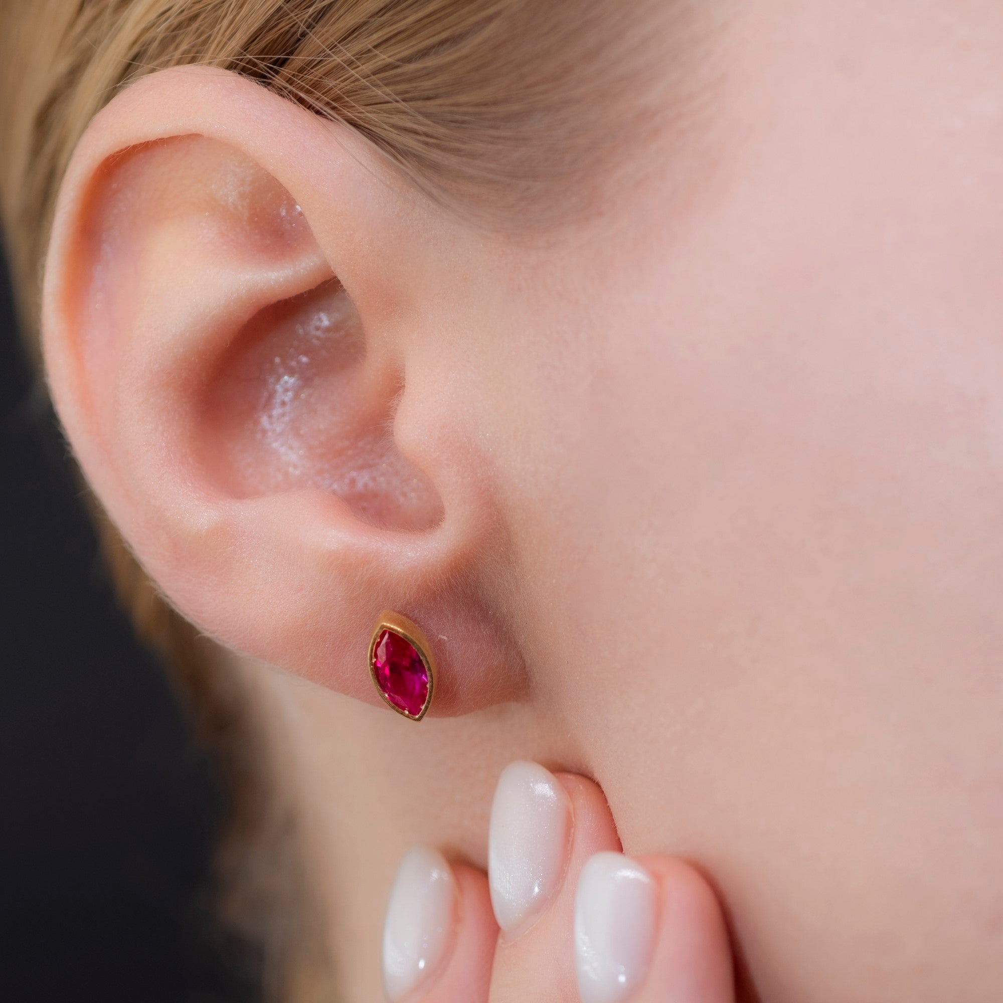 Ruby Stud Earrings Bezel Marquise Cut in 14K Solid Gold, July Birthstone Jewelry Queen Jewelry Earrings